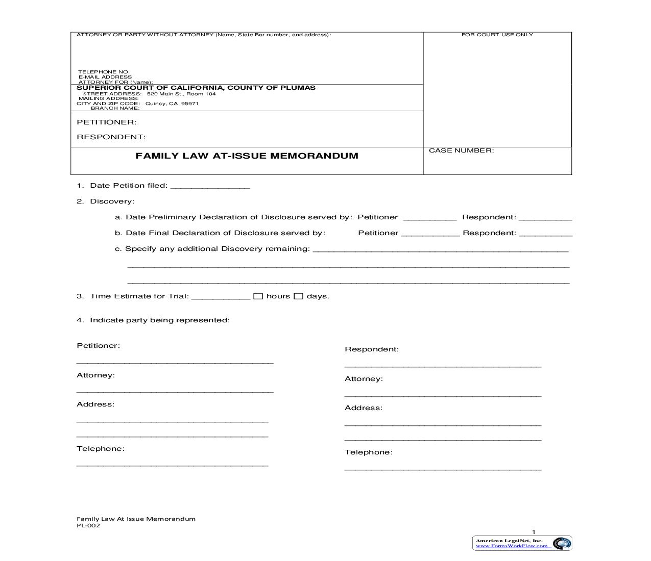 Family Law At Issue Memorandum {PL-002} | Pdf Fpdf Doc Docx | California