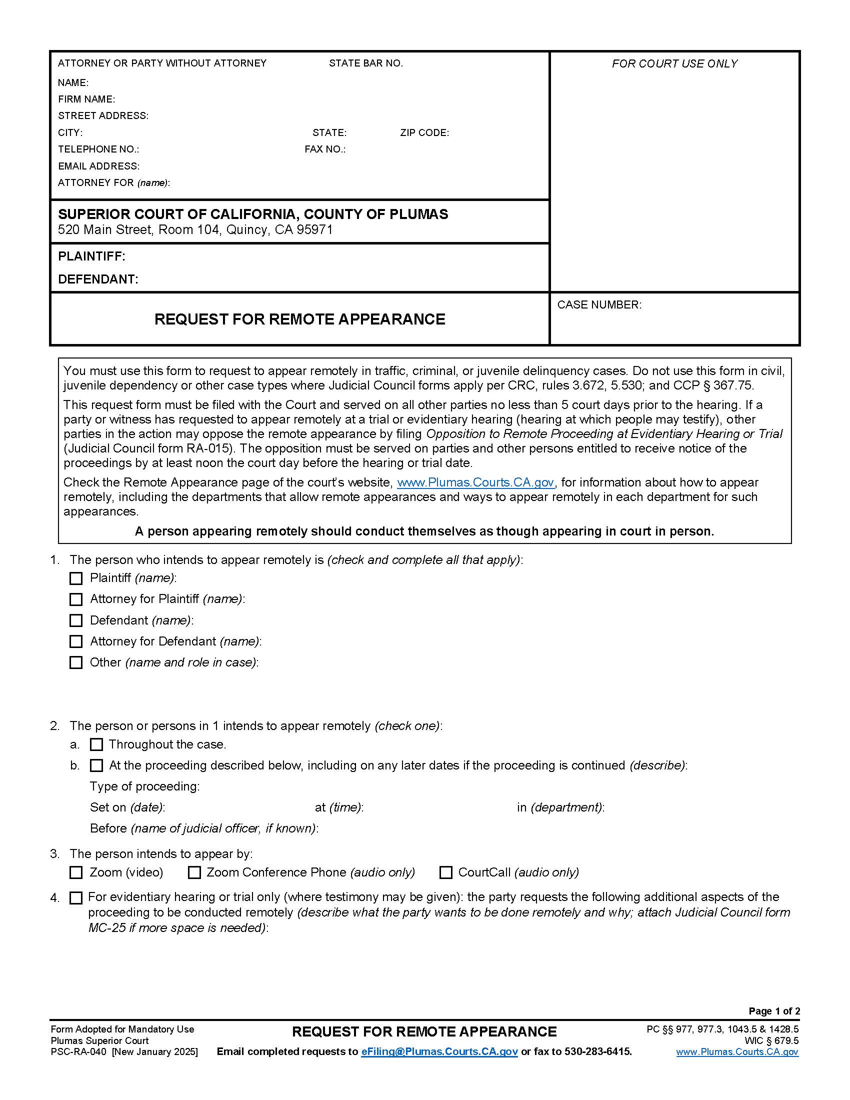 Request For Remote Appearance {PSC-RA-040} | Pdf Fpdf Docx | California