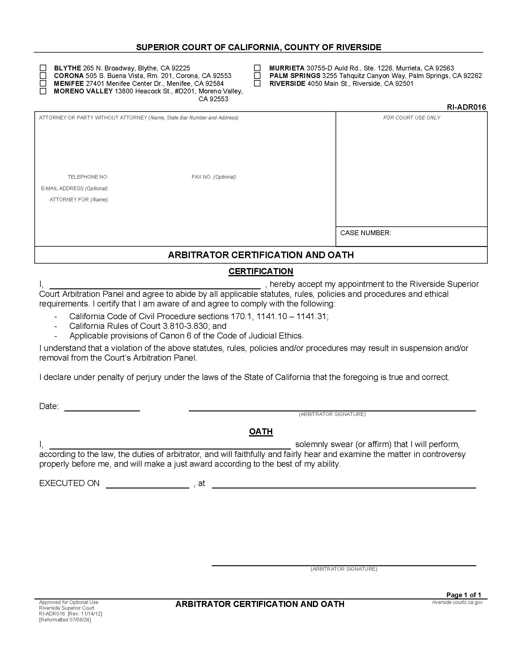 Arbitrator Certification And Oath {RI-ADR016} | Pdf Fpdf Docx | California