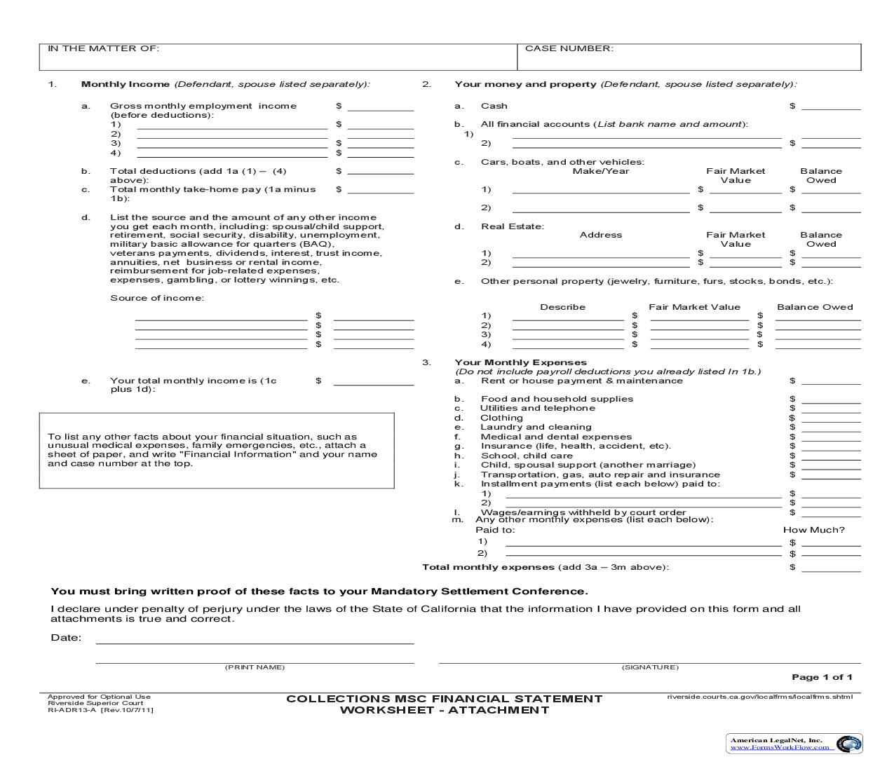 Collections MSC Financial Statement Worksheet-Attachment {RI-ADR13-A} | Pdf Fpdf Doc Docx | California