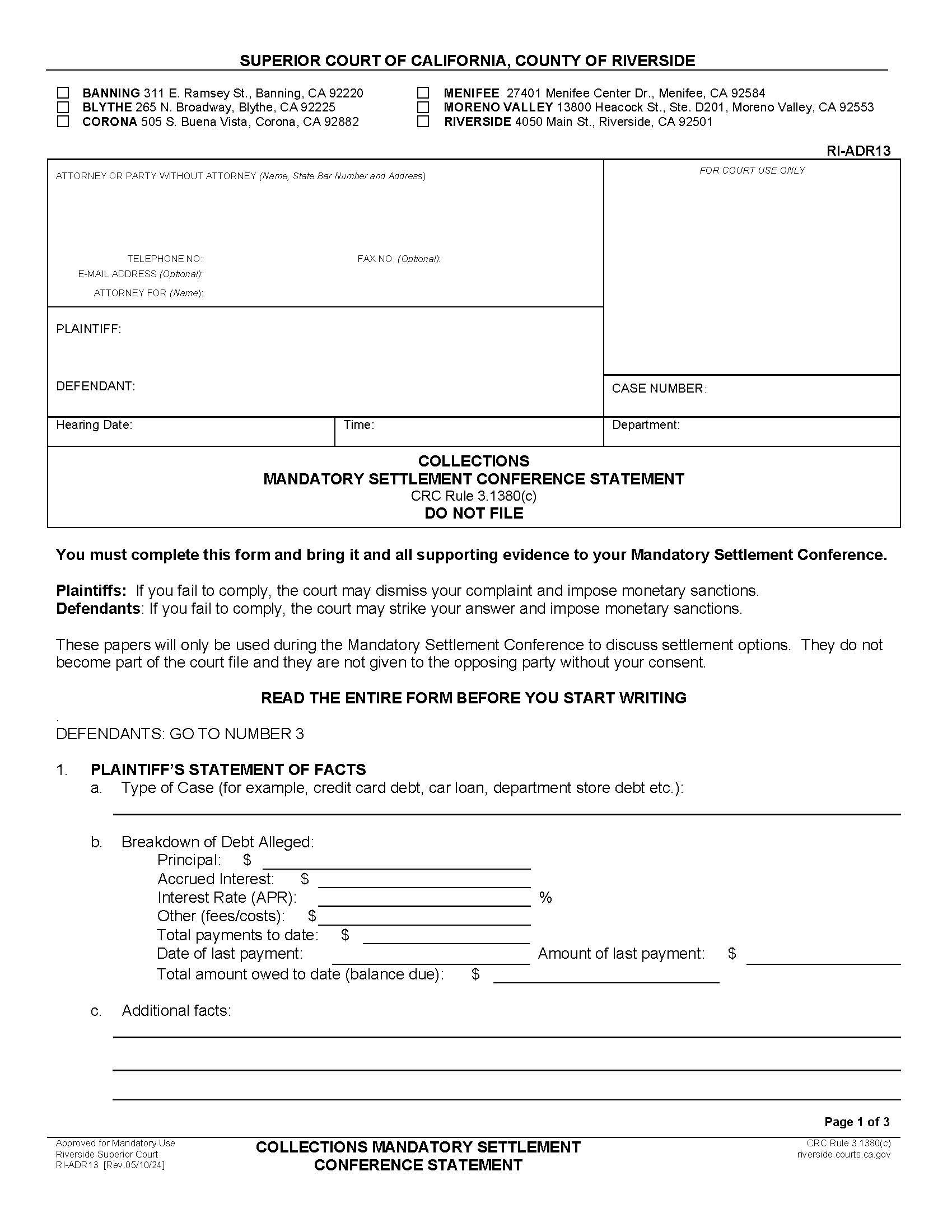 Collections Mandatory Settlement Conference Statement {RI-ADR13} | Pdf Fpdf Doc Docx | California
