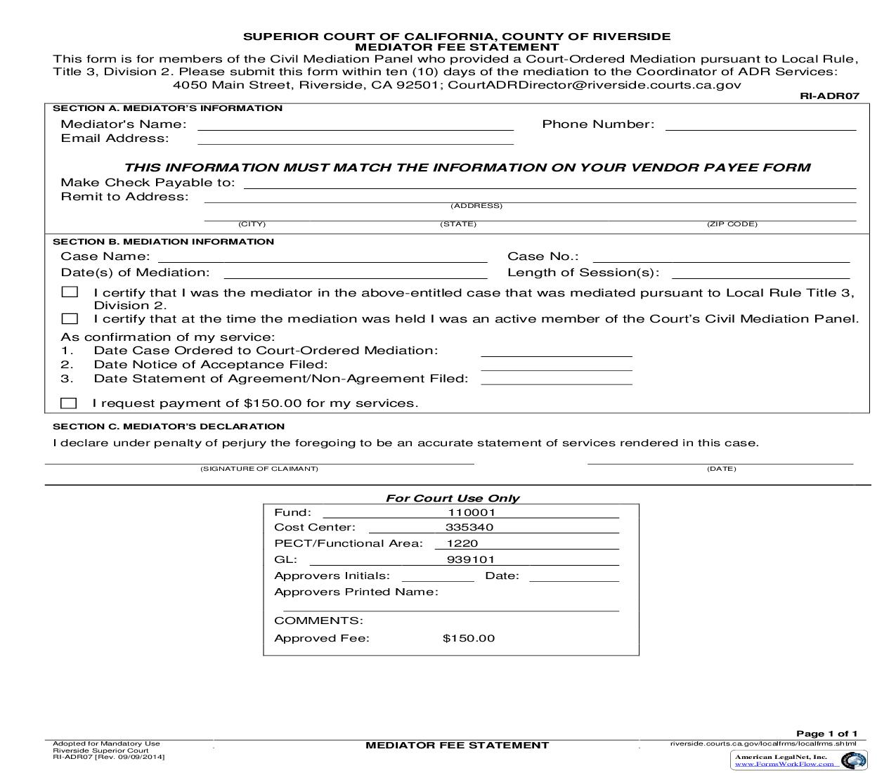 Mediators Fee Statement {RI-ADR07} | Pdf Fpdf Doc Docx | California
