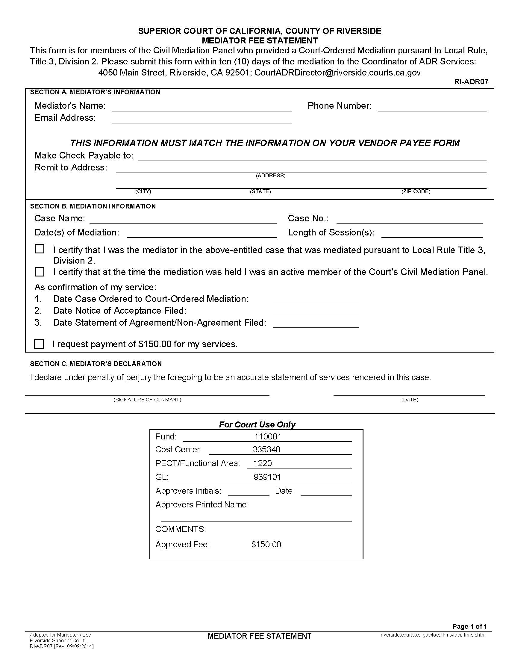 Mediators Fee Statement {RI-ADR07} | Pdf Fpdf Doc Docx | California