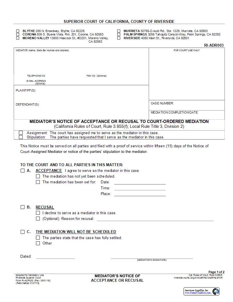 Mediators Notice Of Acceptance Or Recusal To Court-Ordered Mediation {RI-ADR003} | Pdf Fpdf Docx | California