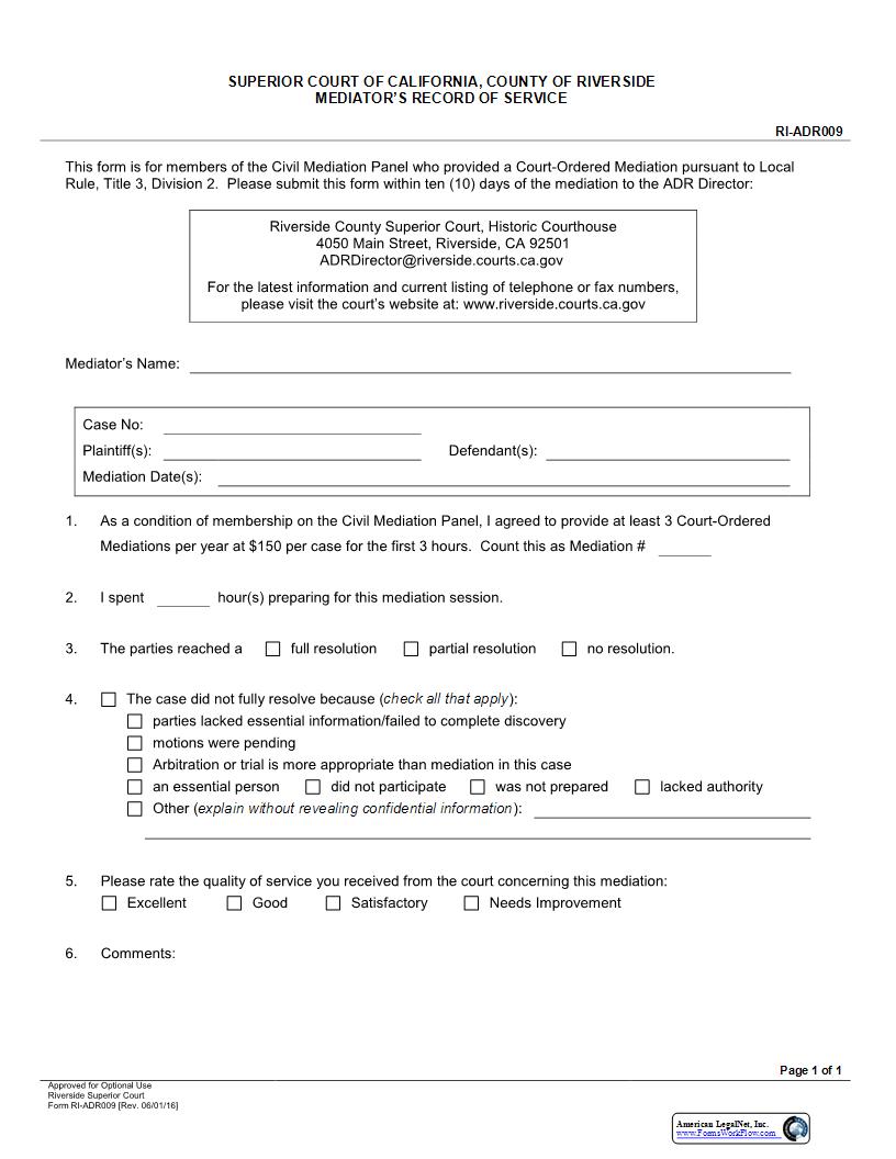 Mediators Record Of Service {RI-ADR009} | Pdf Fpdf Docx | California