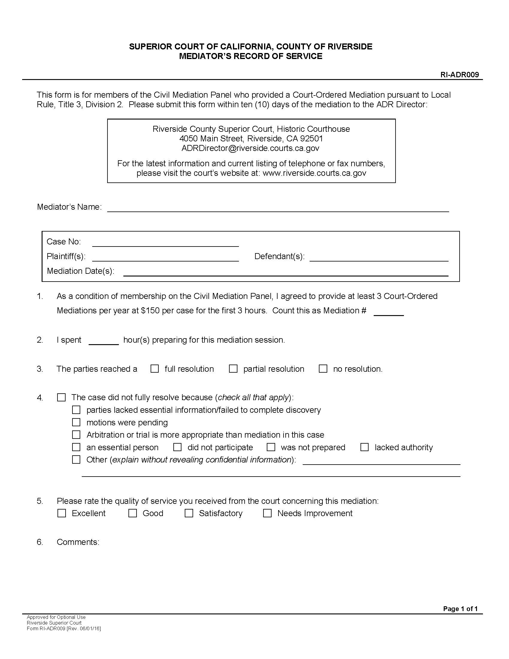 Mediators Record Of Service {RI-ADR009} | Pdf Fpdf Docx | California