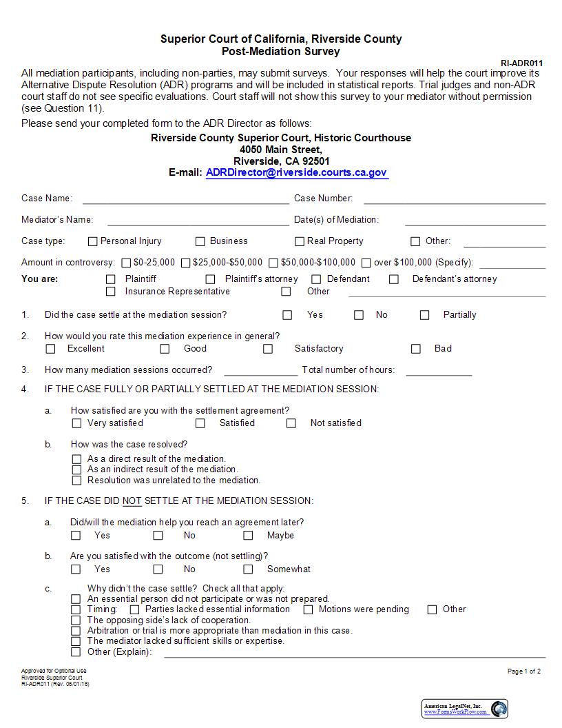 Post Mediation Survey {RI-ADR011} | Pdf Fpdf Docx | California