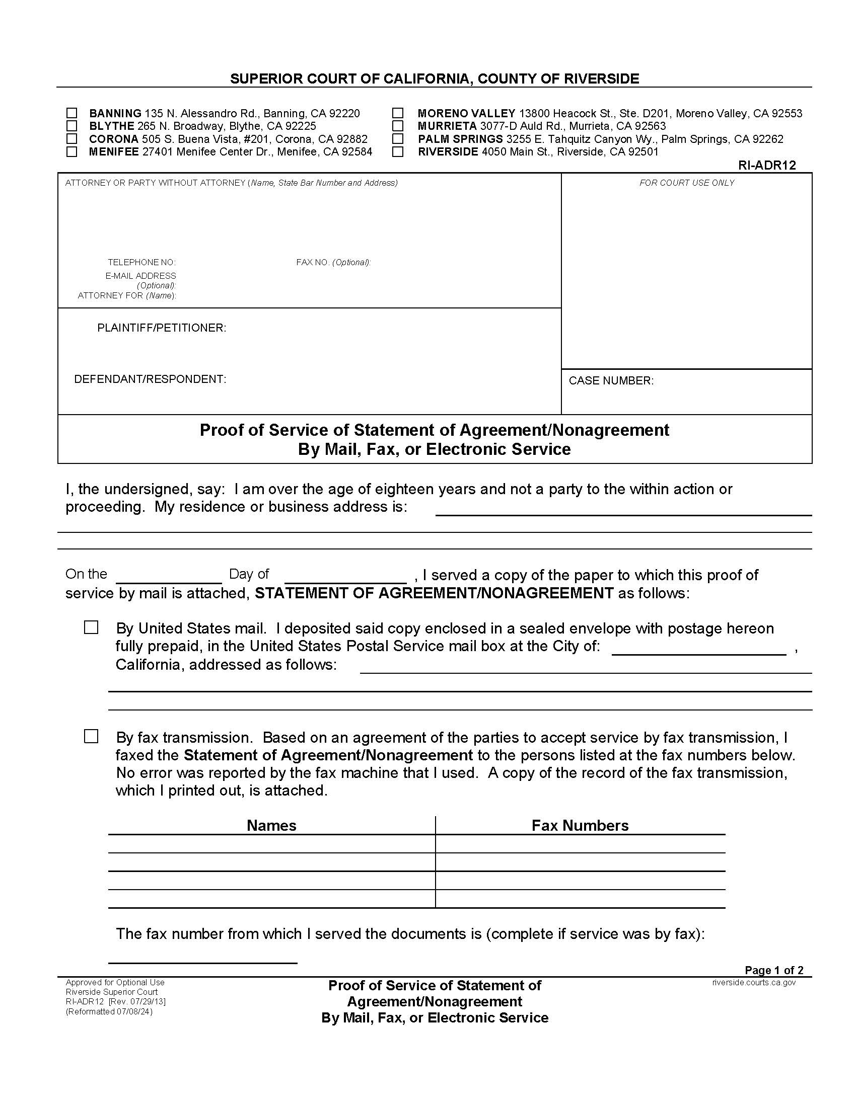 Proof Of Service Of Statement Of Agreement-Nonagreement {RI-ADR12} | Pdf Fpdf Docx | California