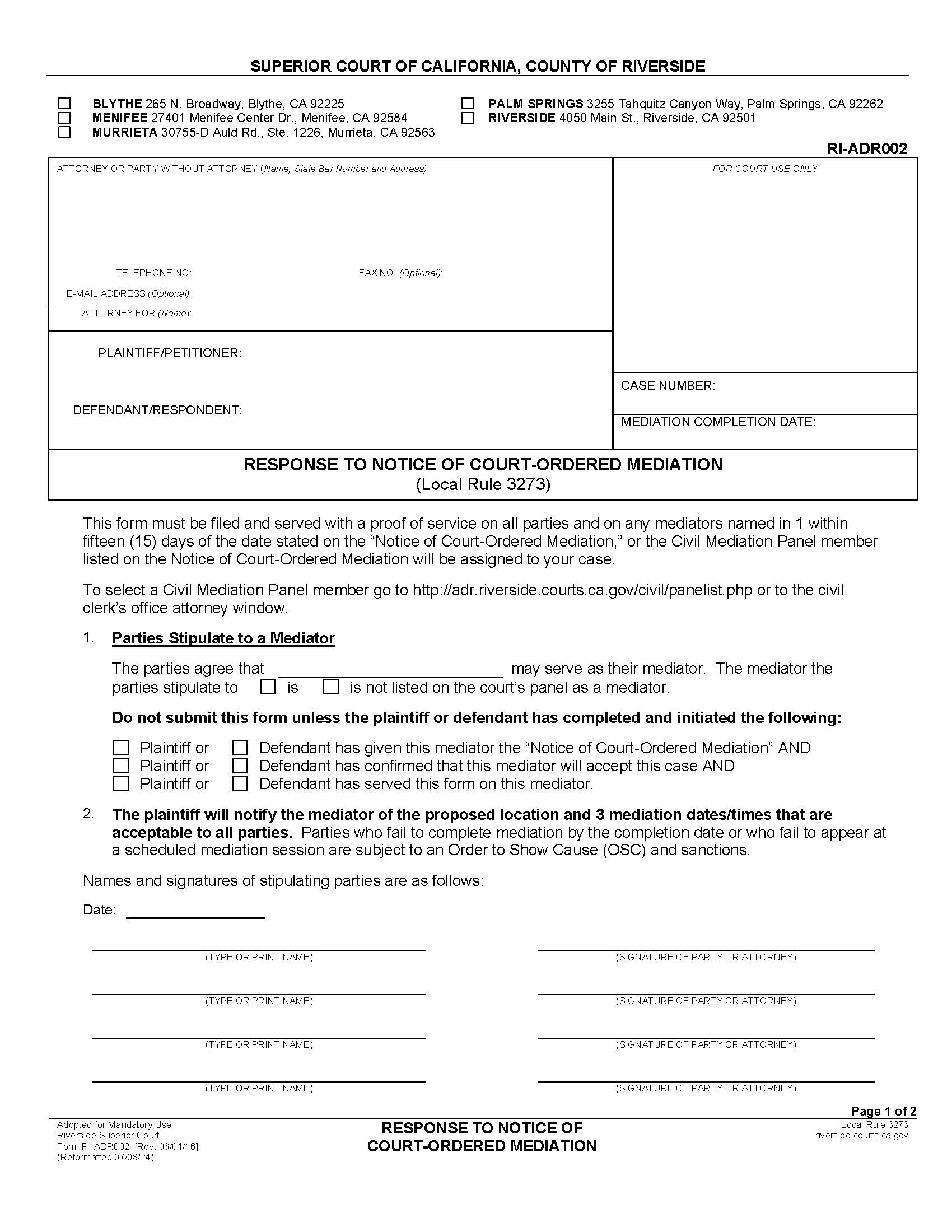 Response To Notice Of Court-Ordered Mediation {RI-ADR002} | Pdf Fpdf Docx | California