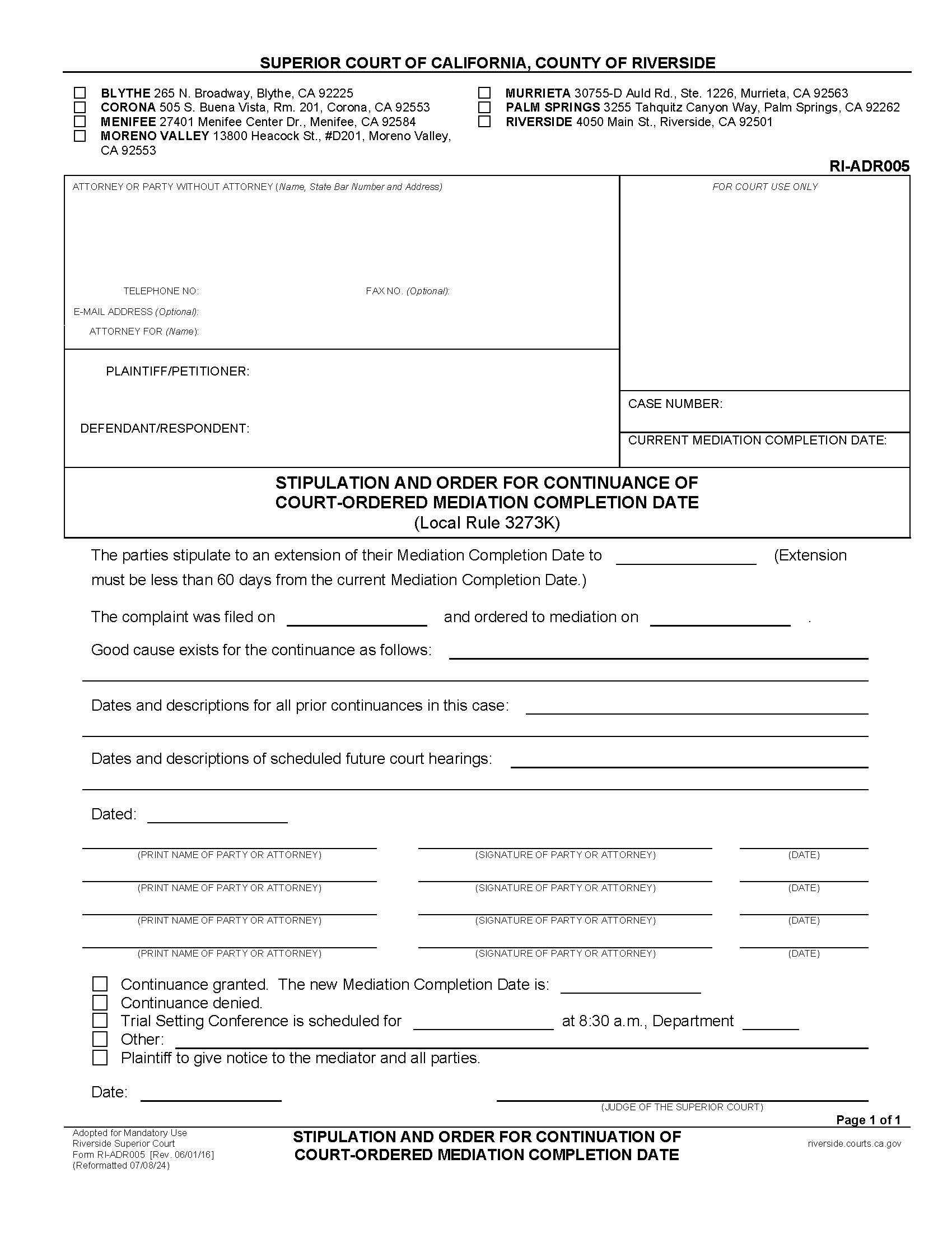 Stipulation And Order For Continuance Of Court-Ordered Mediation Completion Date {RI-ADR005} | Pdf Fpdf Docx | California