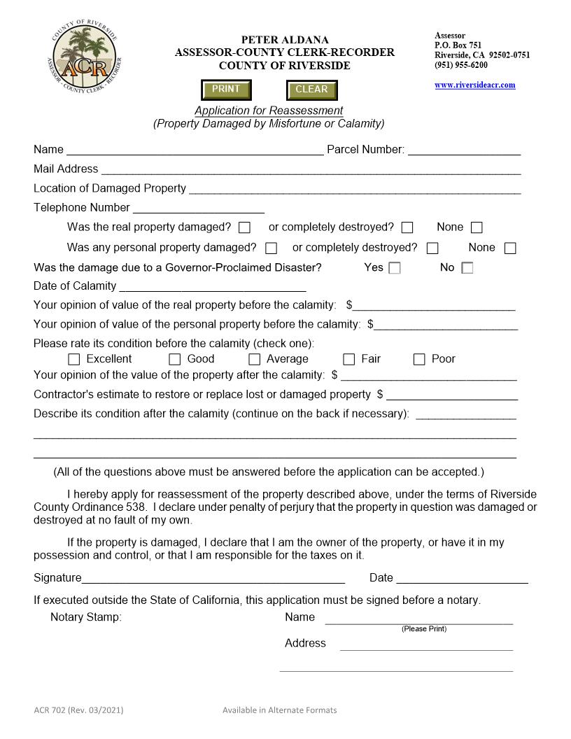 Application For Reassessment (Property Damaged By Misfortune Or Calamity) {702} | Pdf Fpdf Doc Docx | California