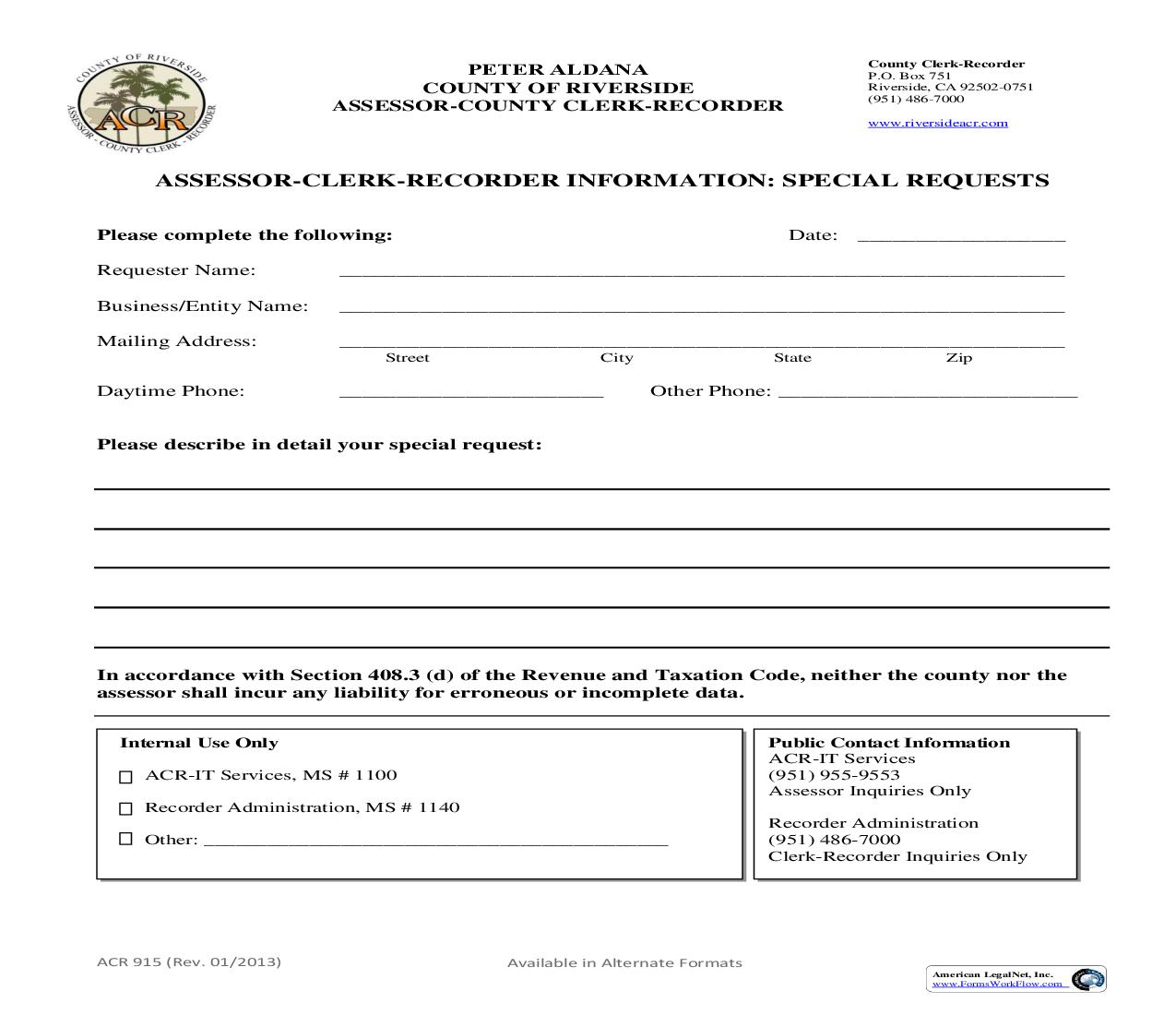 Assessor-Clerk-Recorder Information-Special Requests {ACR-915} | Pdf Fpdf Doc Docx | California