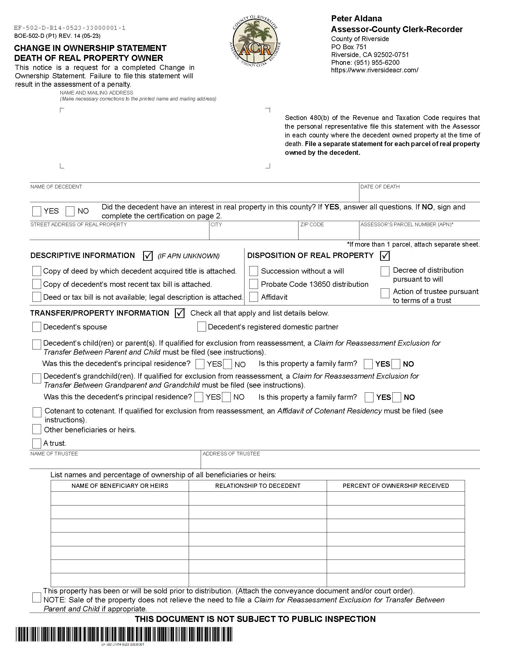 Change In Ownership Statement Death Of Real Property Owner (Riverside) {BOE-502-D} | Pdf Fpdf Docx | California