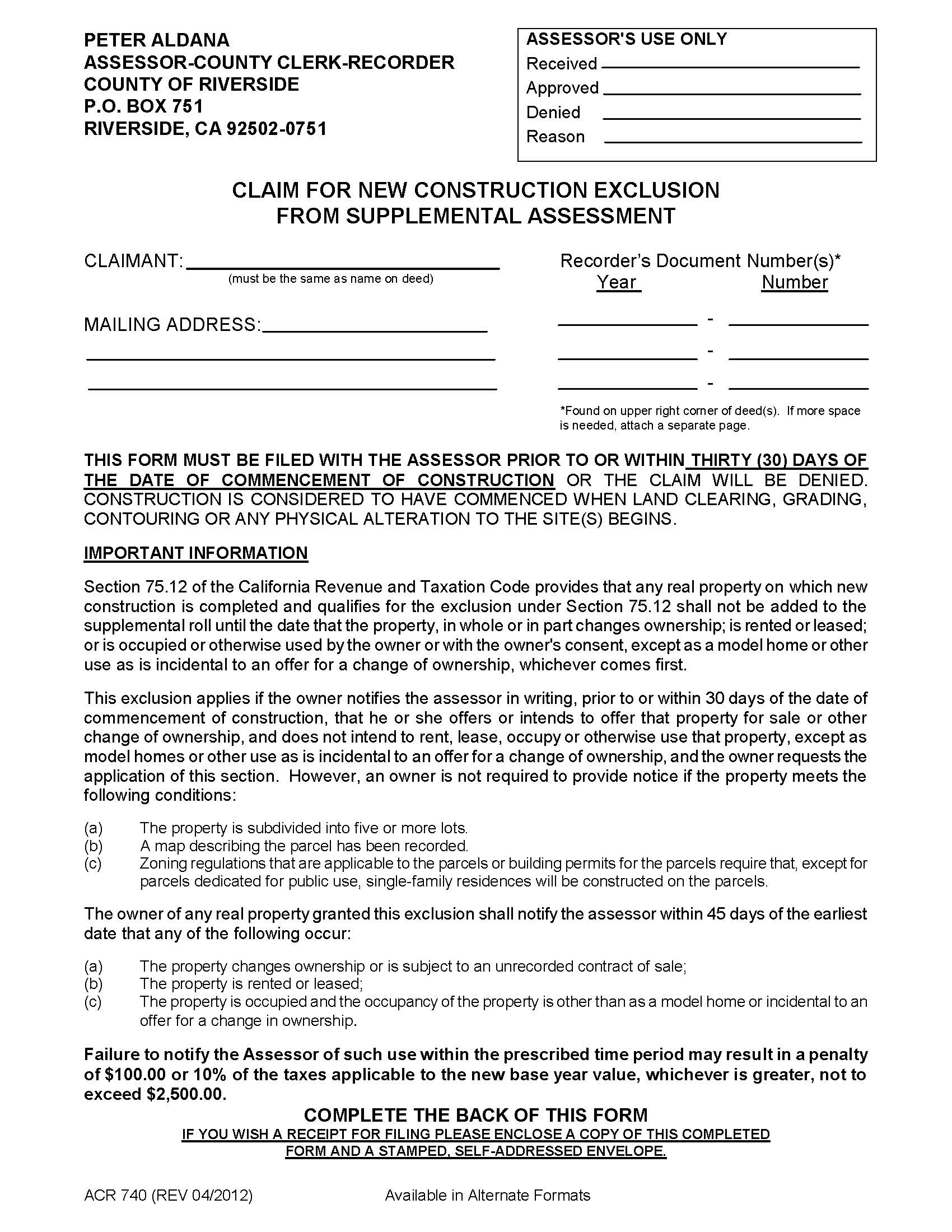 Claim For New Construction Exclusion From Supplemental Assessment {740} | Pdf Fpdf Doc Docx | California