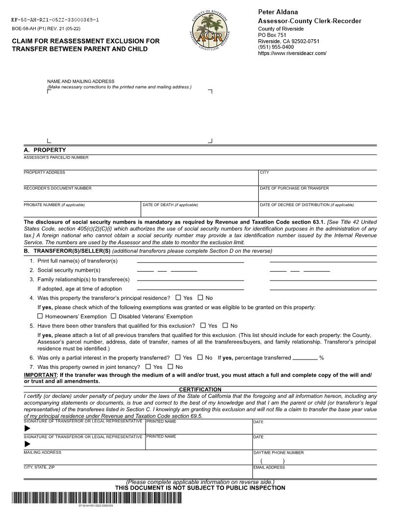 Claim For Reassessment Exclusion For Transfer Between Parent And Child (Before 02-16-21) (Riverside) {BOE-58-AH} | Pdf Fpdf Docx | California
