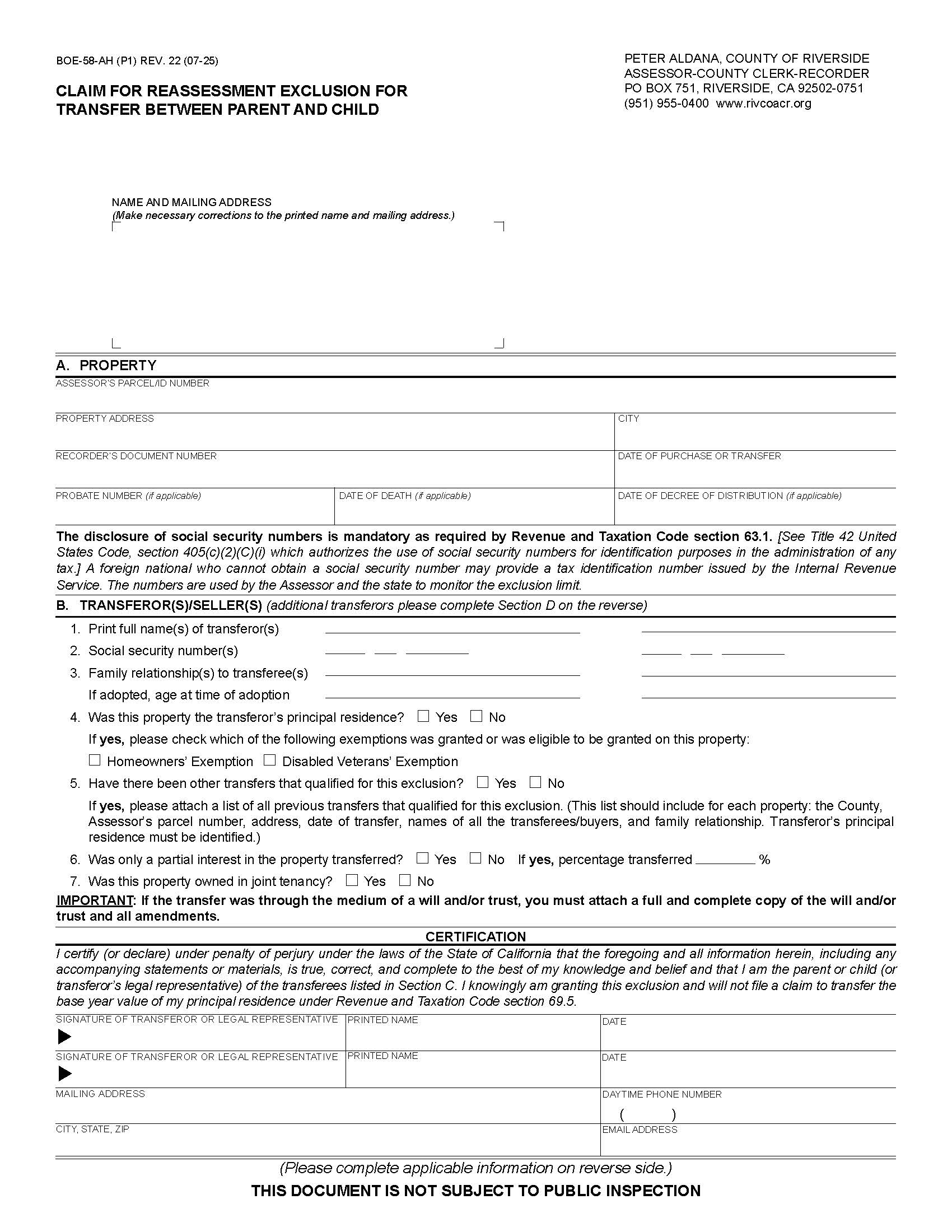 Claim For Reassessment Exclusion For Transfer Between Parent And Child (Before 02-16-21) (Riverside) {BOE-58-AH} | Pdf Fpdf Docx | California