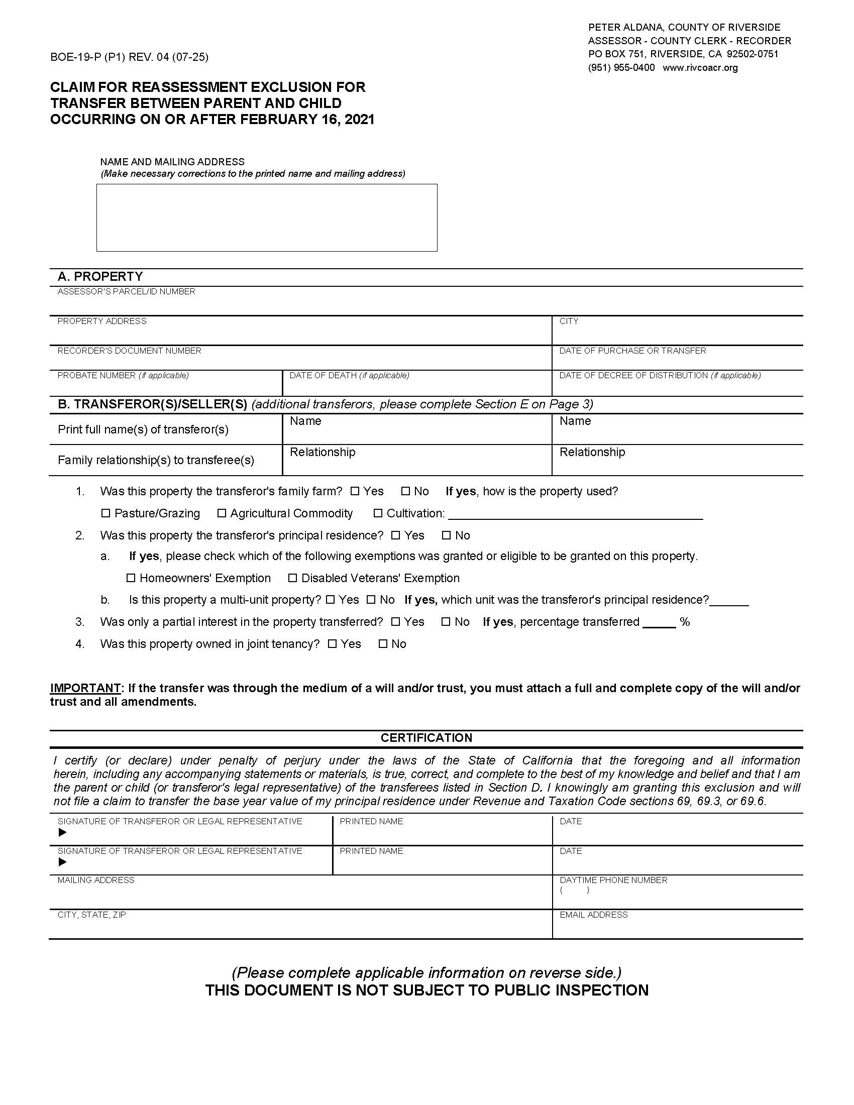 Claim For Reassessment Exclusion For Transfer Between Parent And Child (Riverside) {BOE-19-P} | Pdf Fpdf Docx | California