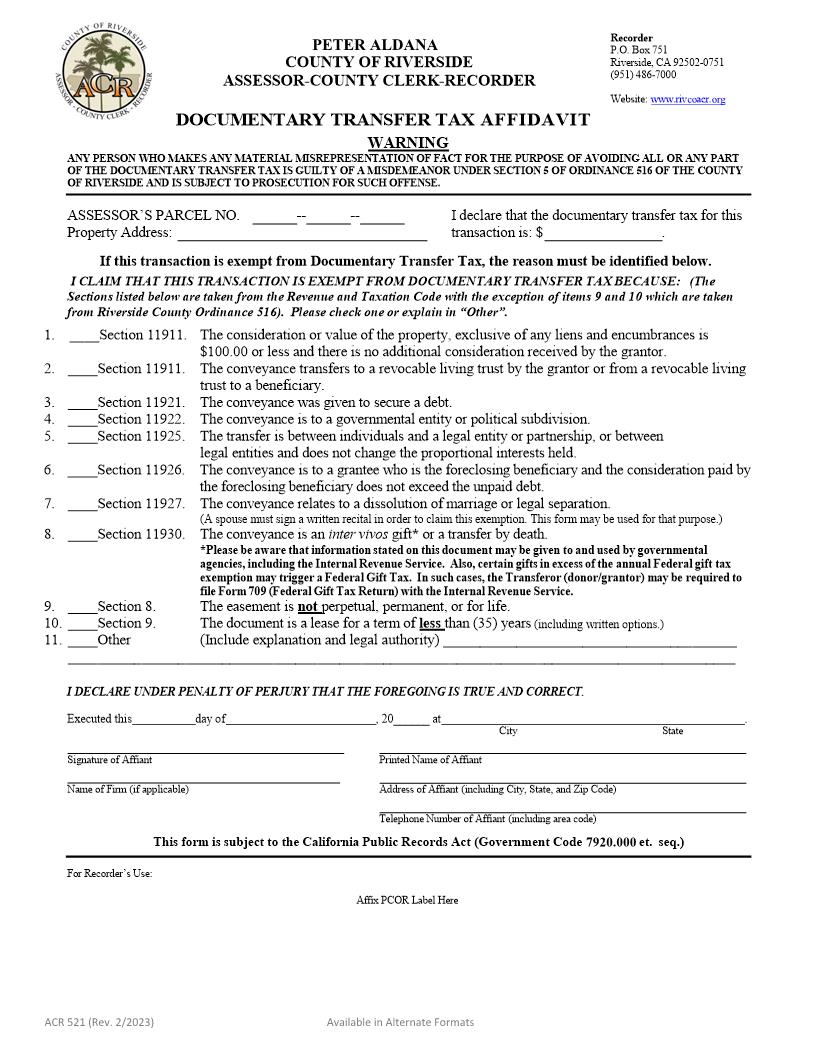 Documentary Transfer Tax Affidavit {ACR 521} | Pdf Fpdf Doc Docx | California