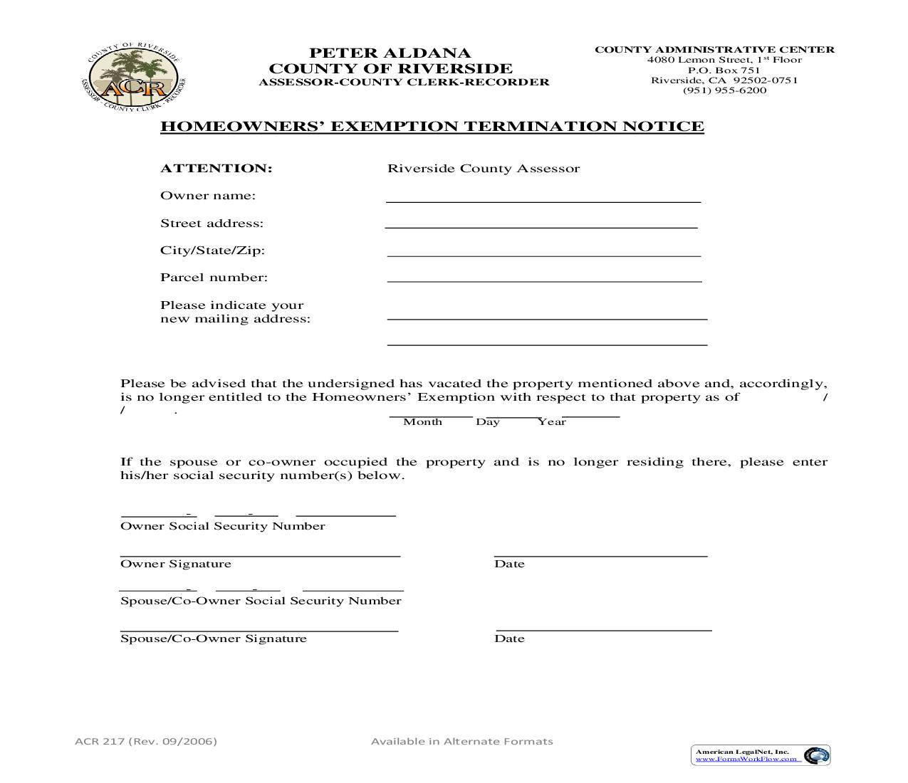 Homeowners Exemption Termination Notice {ACR 217} | Pdf Fpdf Doc Docx | California