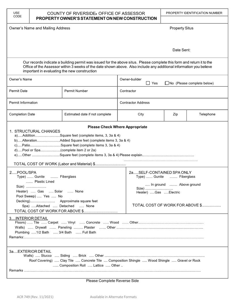 Property Owners Statement On New Construction {ACR 749} | Pdf Fpdf Doc Docx | California