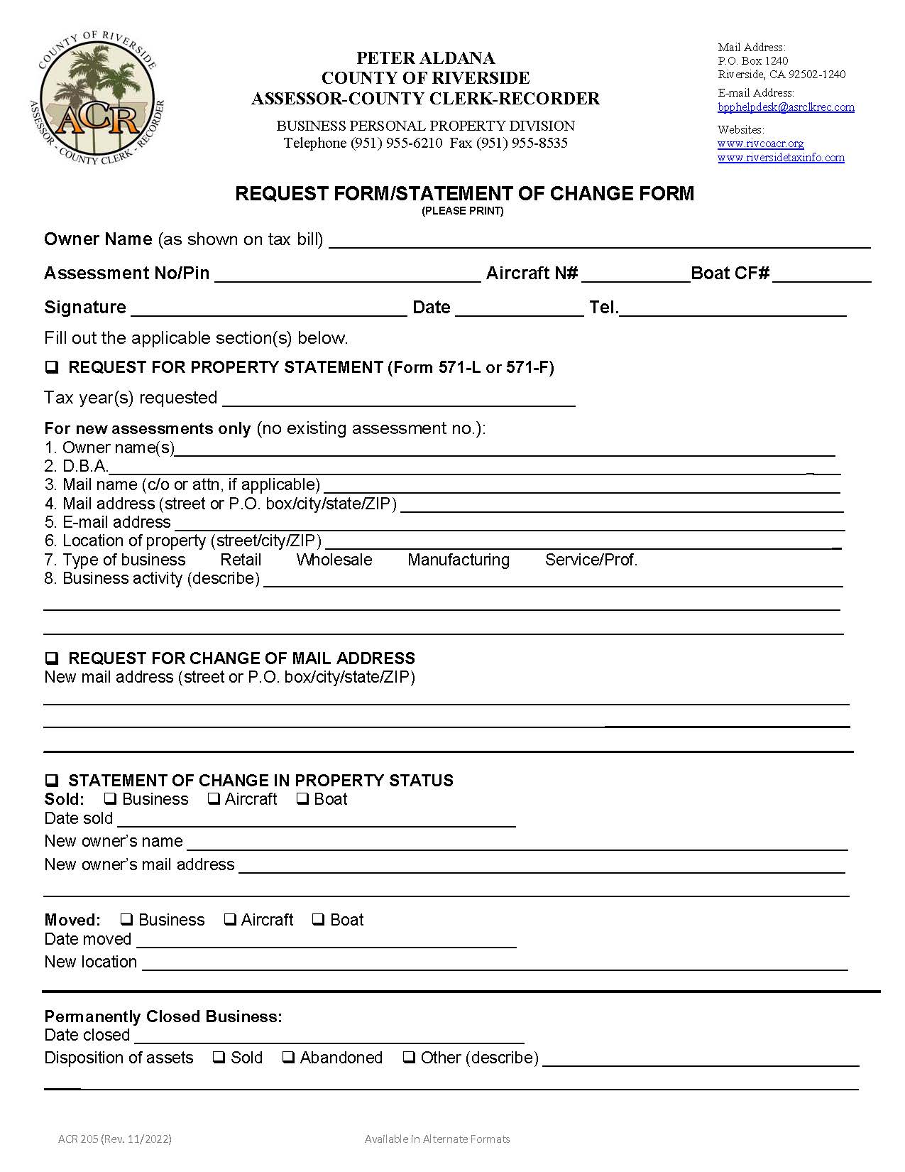 Request Form-Statement Of Change Form {ACR 205} | Pdf Fpdf Doc Docx | California
