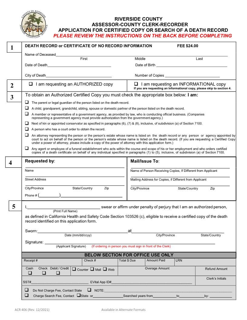 Application For Certified Copy Of Death Record {ACR 406} | Pdf Fpdf Doc Docx | California