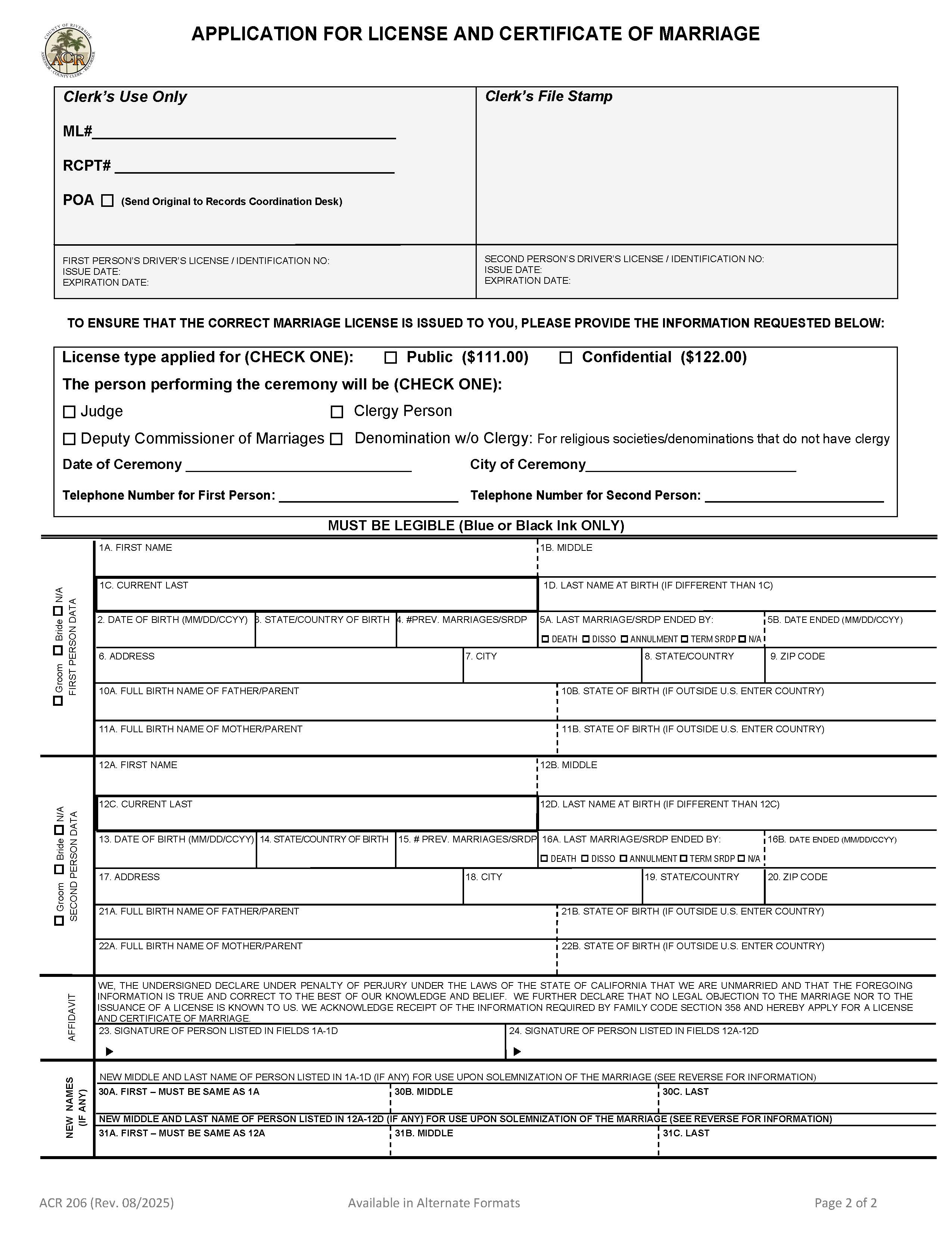 Application For License And Certificate Of Marriage {ACR 206} | Pdf Fpdf Doc Docx | California