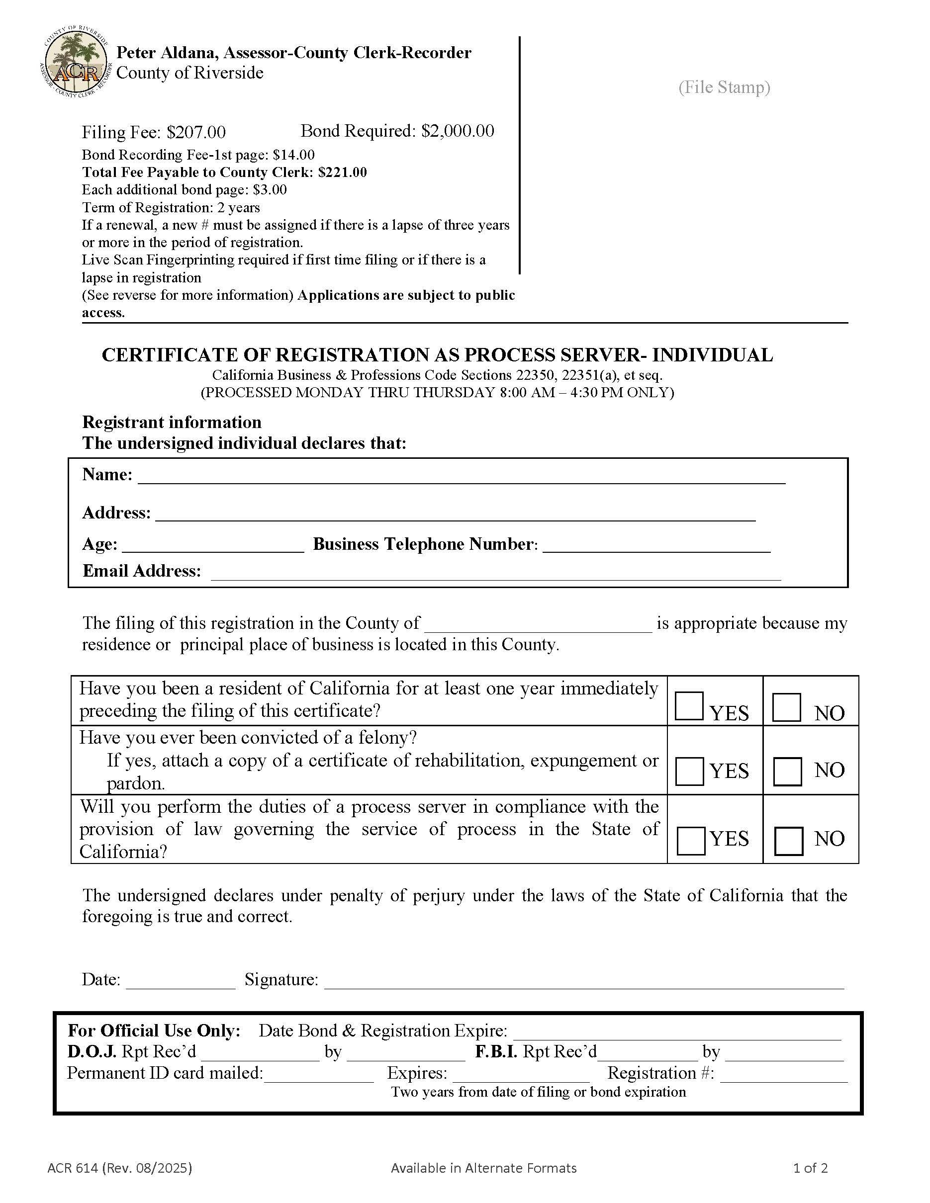 Certificate Of Registration As Process Server (Individual) {ACR 614} | Pdf Fpdf Doc Docx | California