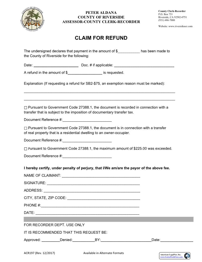 Claim For Refund {ACR 197} | Pdf Fpdf Docx | California
