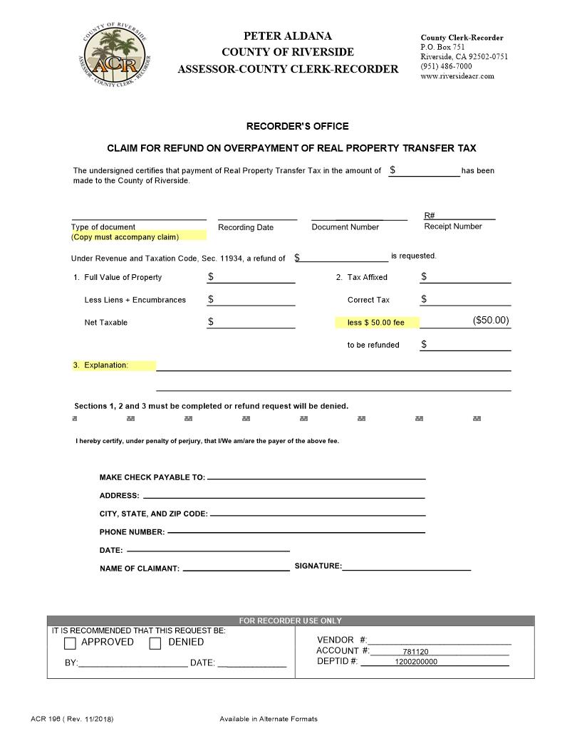 Claim For Refund On Overpayment Of Real Property Tax {ACR 196} | Pdf Fpdf Doc Docx | California