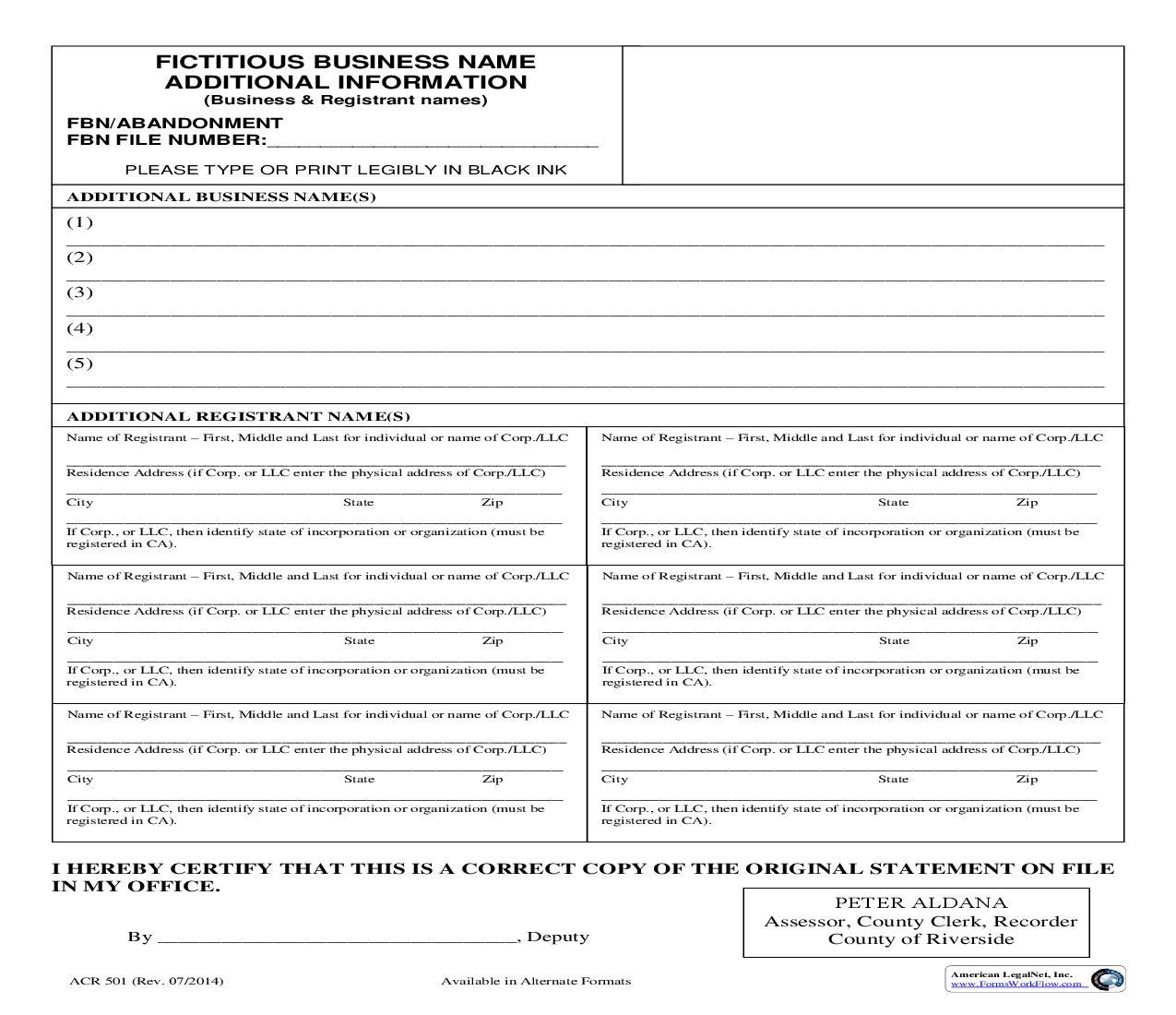 Fictitious Business Name Additional Information (Business And Registrant Names) {ACR 501} | Pdf Fpdf Doc Docx | California
