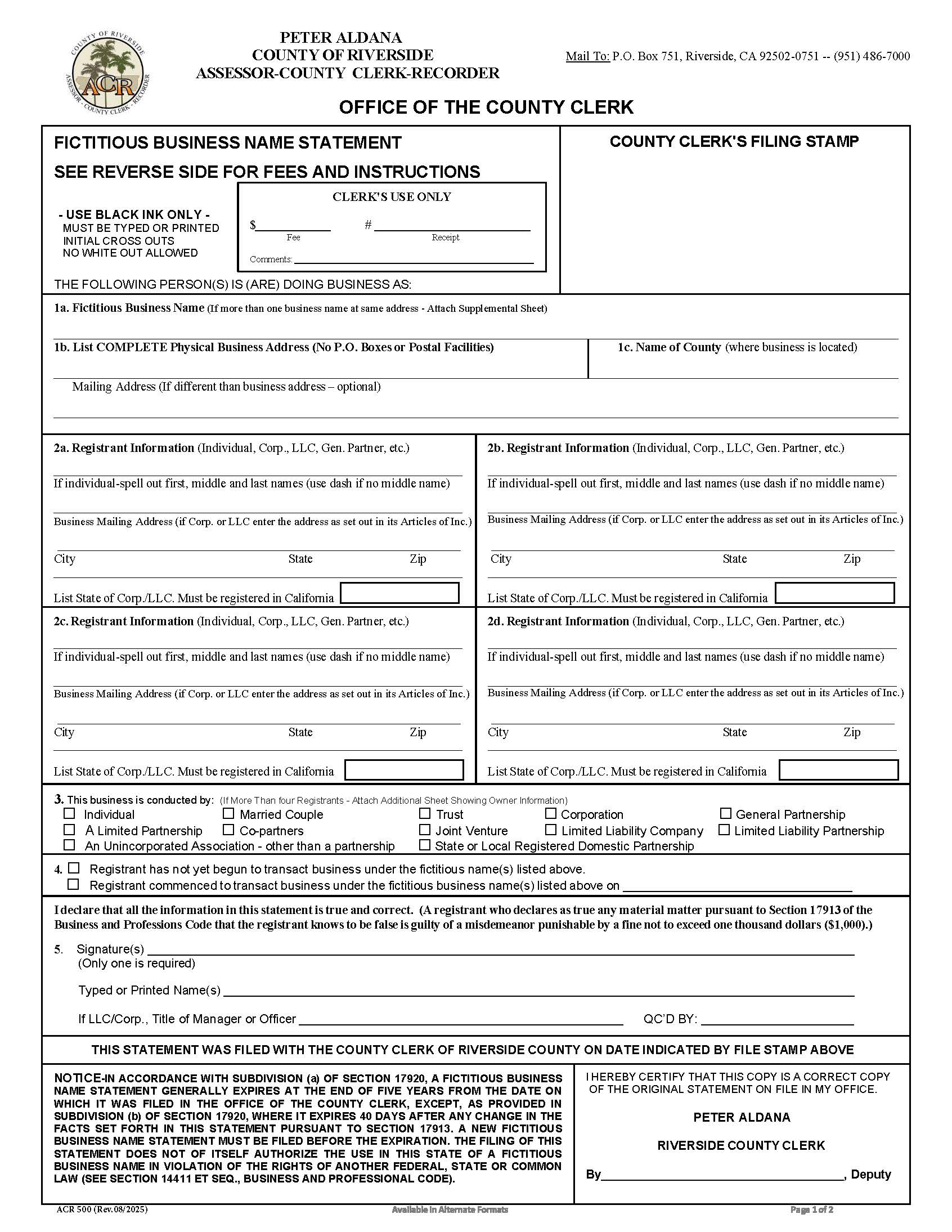 Fictitious Business Name Statement {ACR 500} | Pdf Fpdf Docx | California