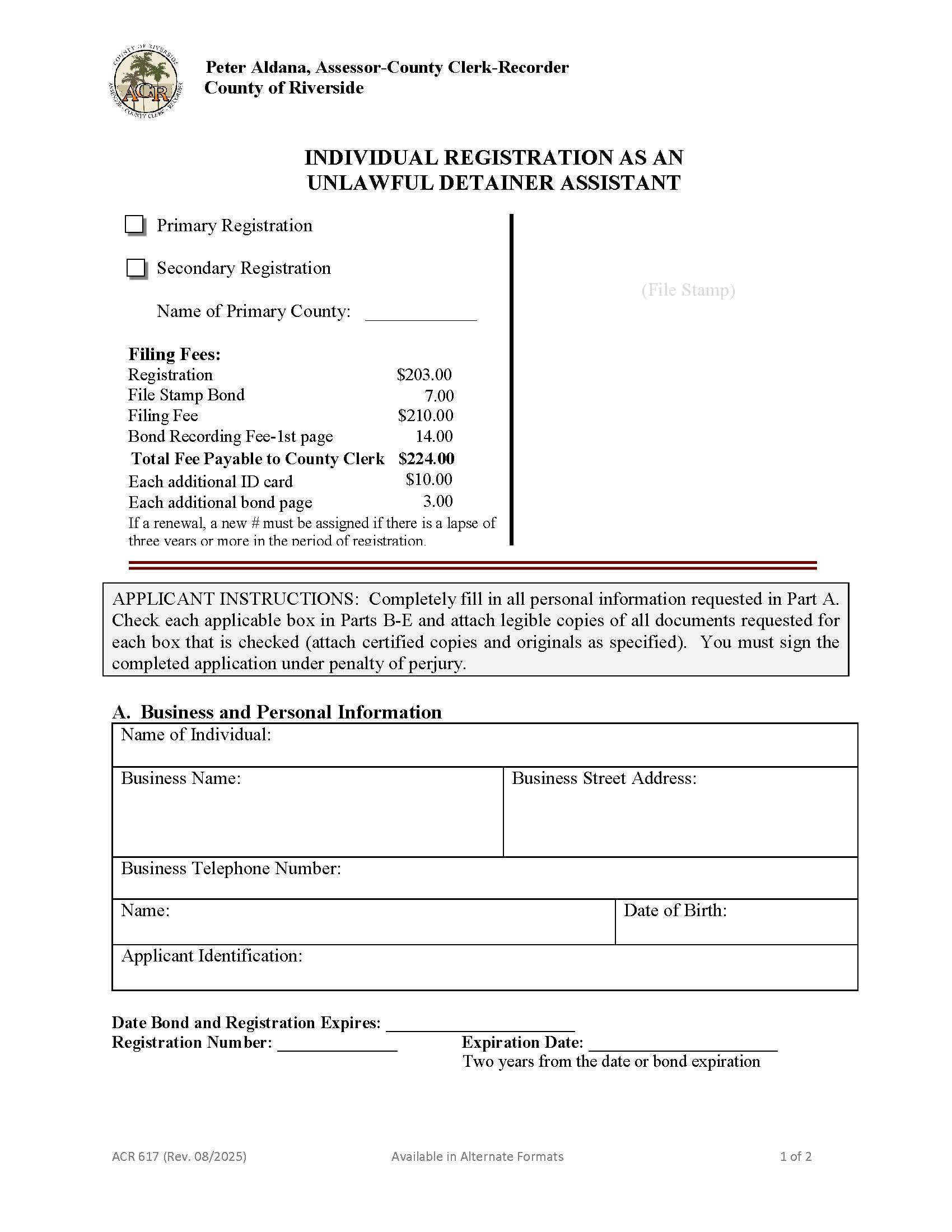 Individual Registration As Unlawful Detainer Assistant {ACR 617} | Pdf Fpdf Doc Docx | California