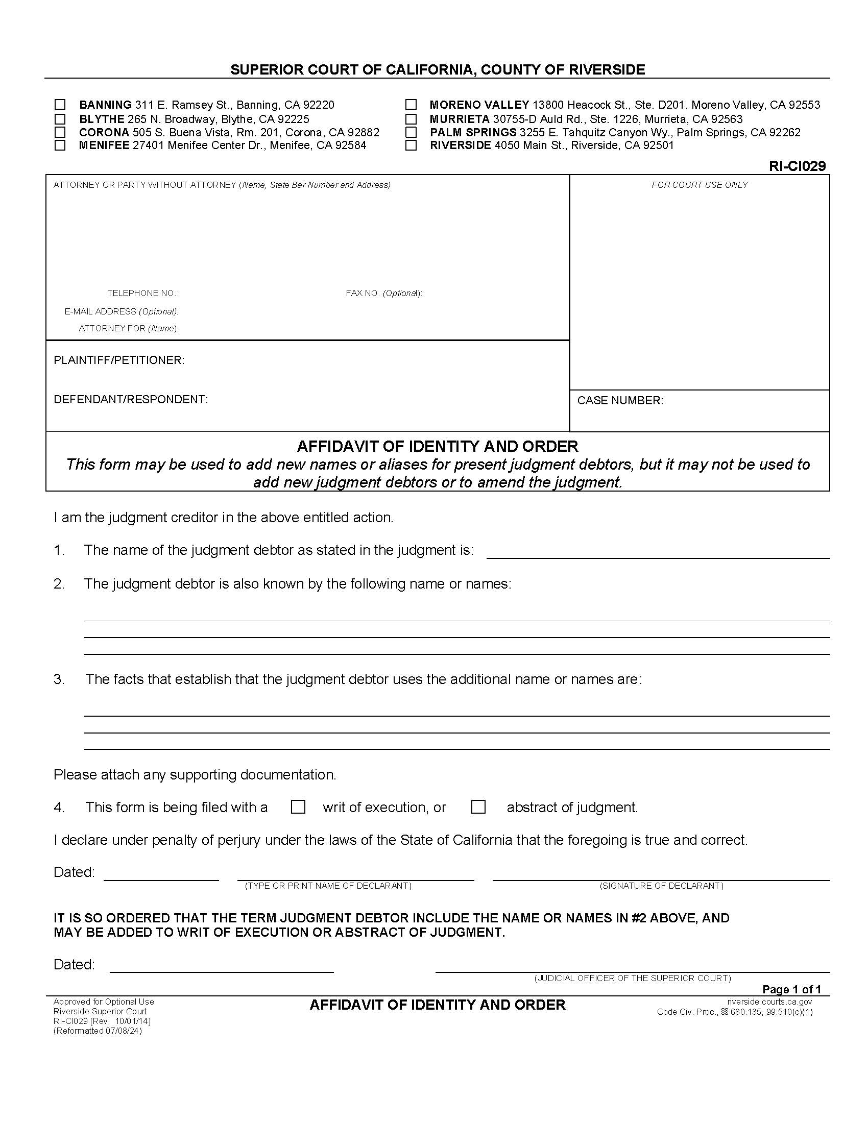 Affidavit Of Identity And Order {RI-CI029} | Pdf Fpdf Docx | California