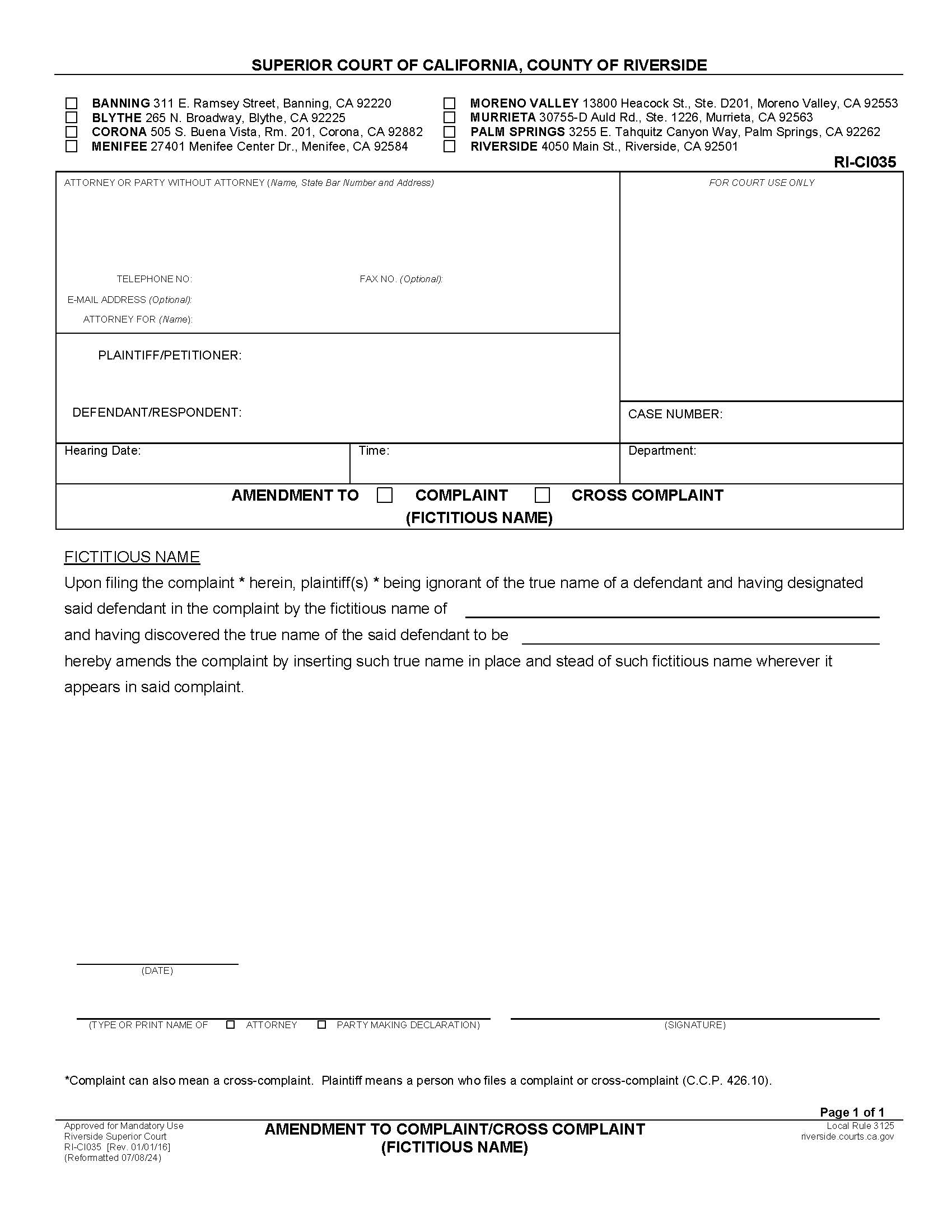 Amendment To Complaint Or Cross Complaint (Fictitious Name) {RI-CI035} | Pdf Fpdf Docx | California