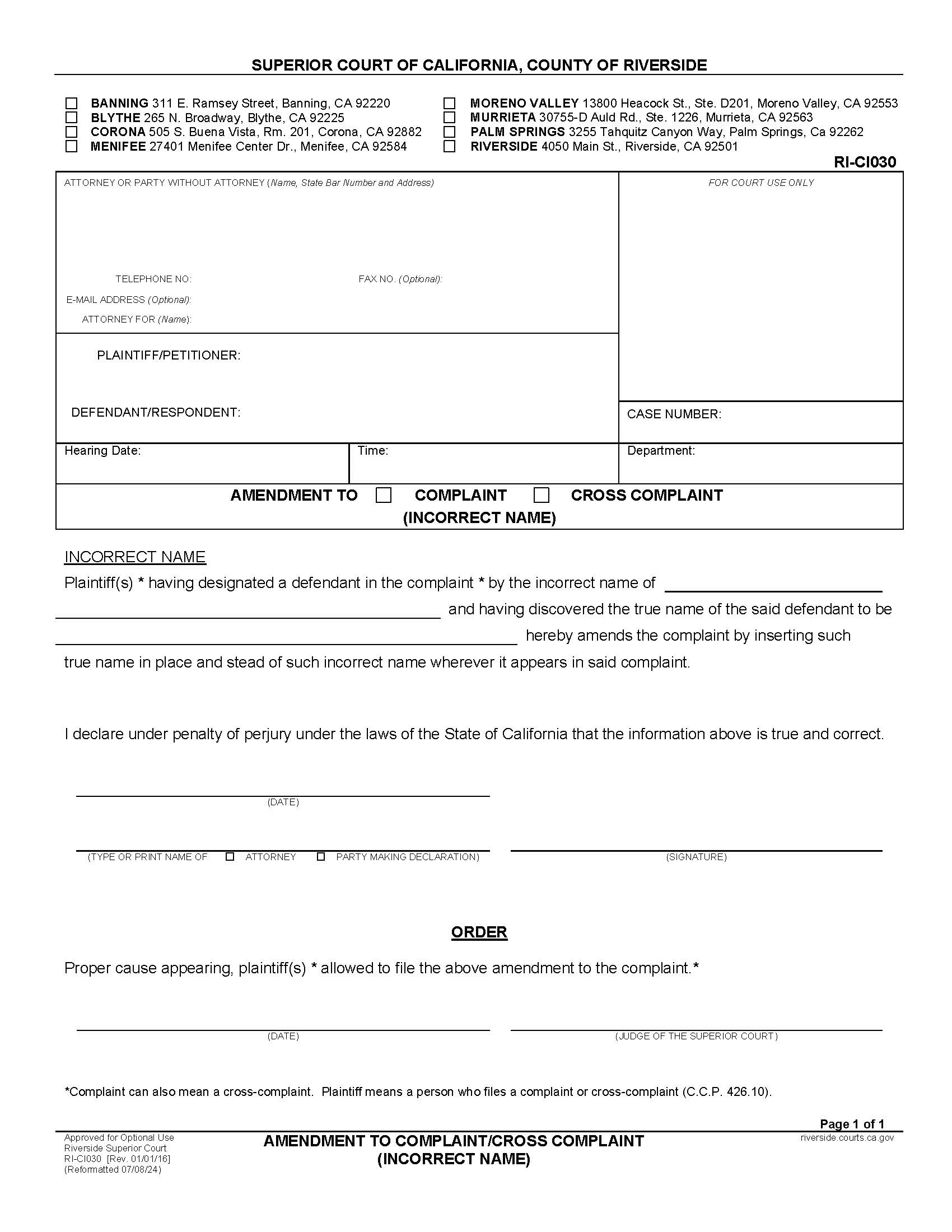 Amendment To Complaint Or Cross Complaint (Incorrect Name) {RI-CI030} | Pdf Fpdf Docx | California
