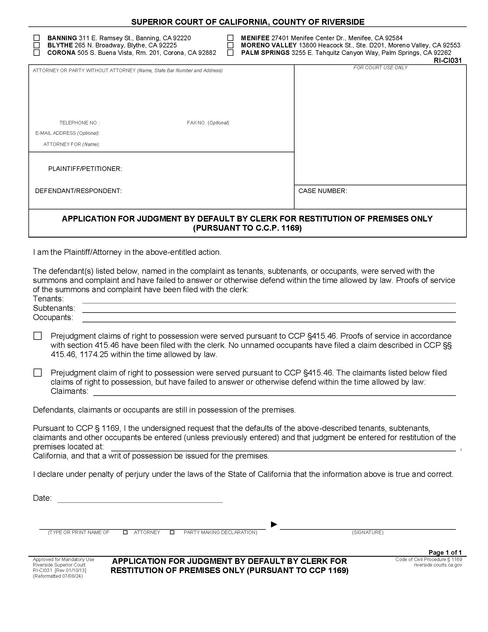 Application For Judgment By Default By Clerk For Restitution Of Premises {RI-CI031} | Pdf Fpdf Docx | California