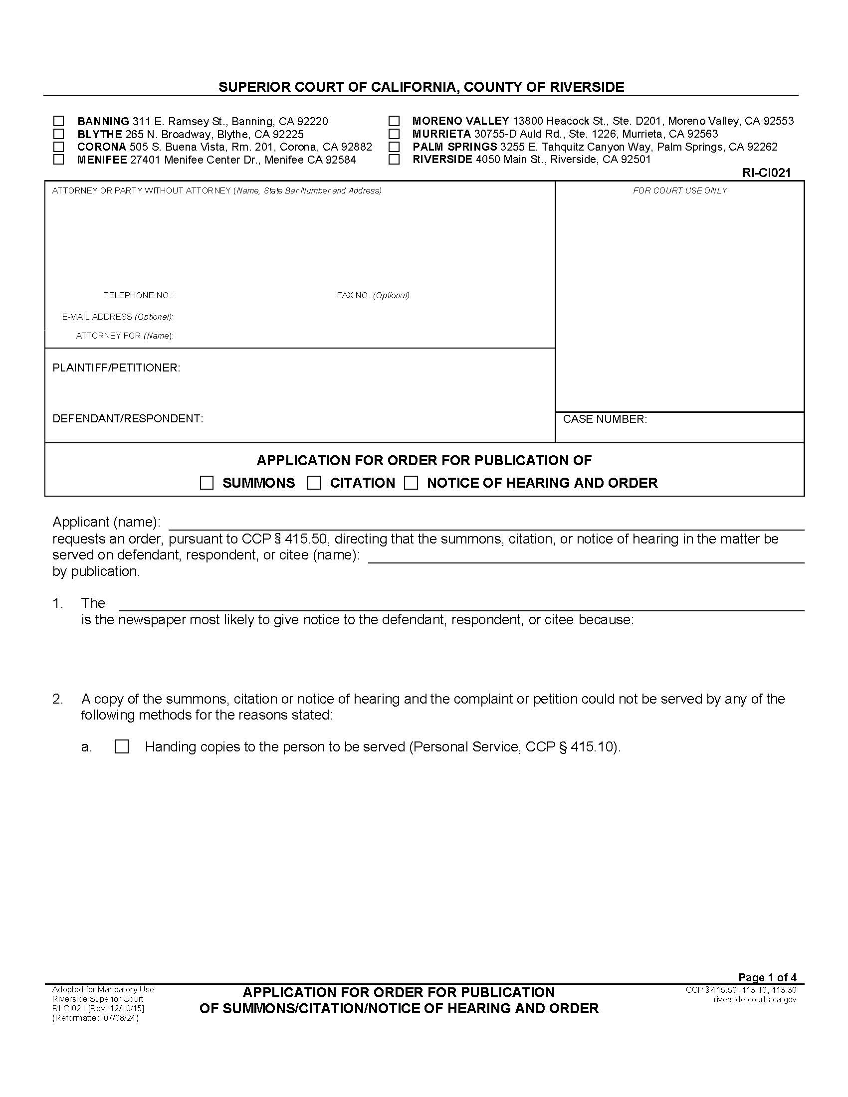 Application For Order For Publication {RI-CI021} | Pdf Fpdf Docx | California