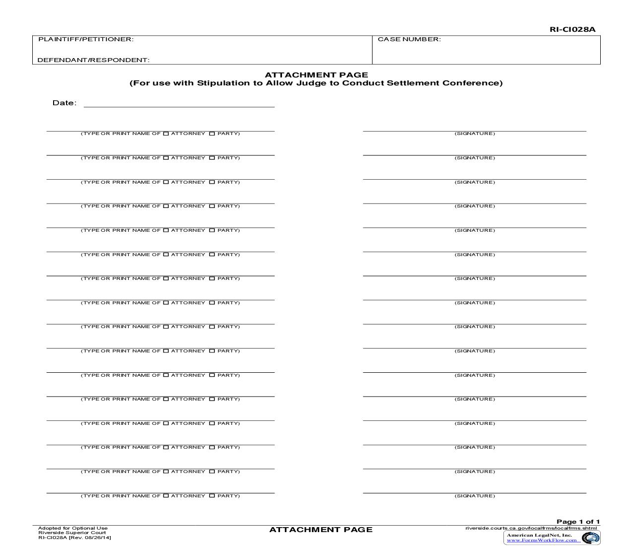 Attachment Page (Stipulation To Allow Trial Judge To Conduct Settlement Conference) {RI-CI028A} | Pdf Fpdf Doc Docx | California