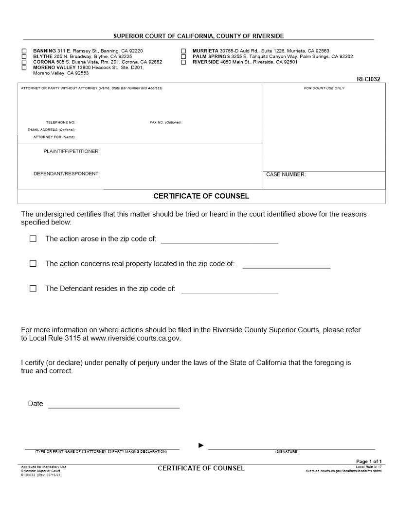 Certificate Of Counsel {RI-CI032} | Pdf Fpdf Docx | California