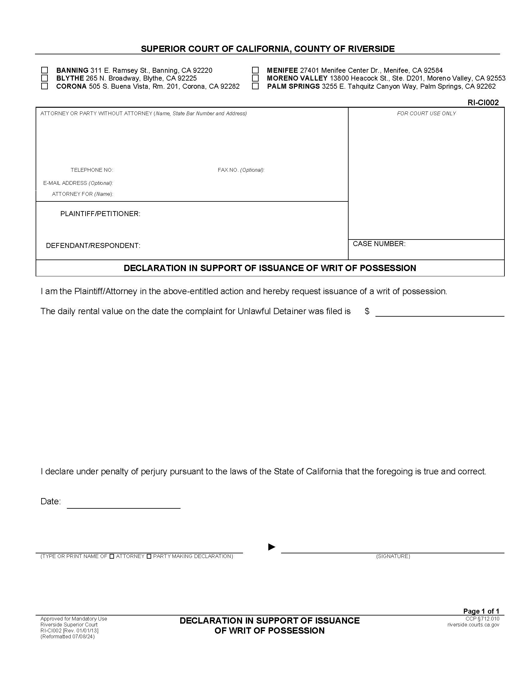 Declaration In Support Of Issuance Of Writ Of Possession {RI-CI002} | Pdf Fpdf Docx | California