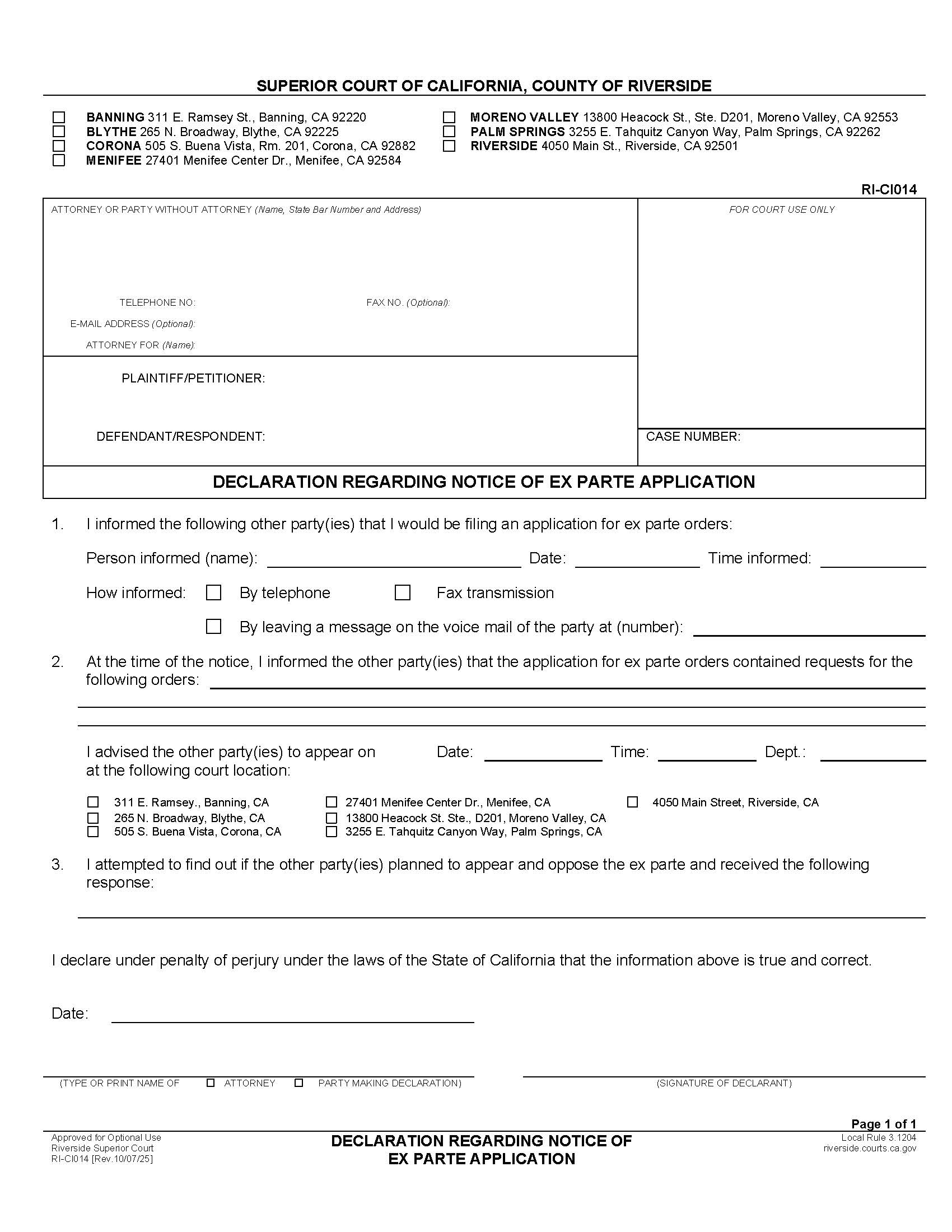 Declaration Regarding Notice Of Ex Parte Application {RI-CI014} | Pdf Fpdf Docx | California