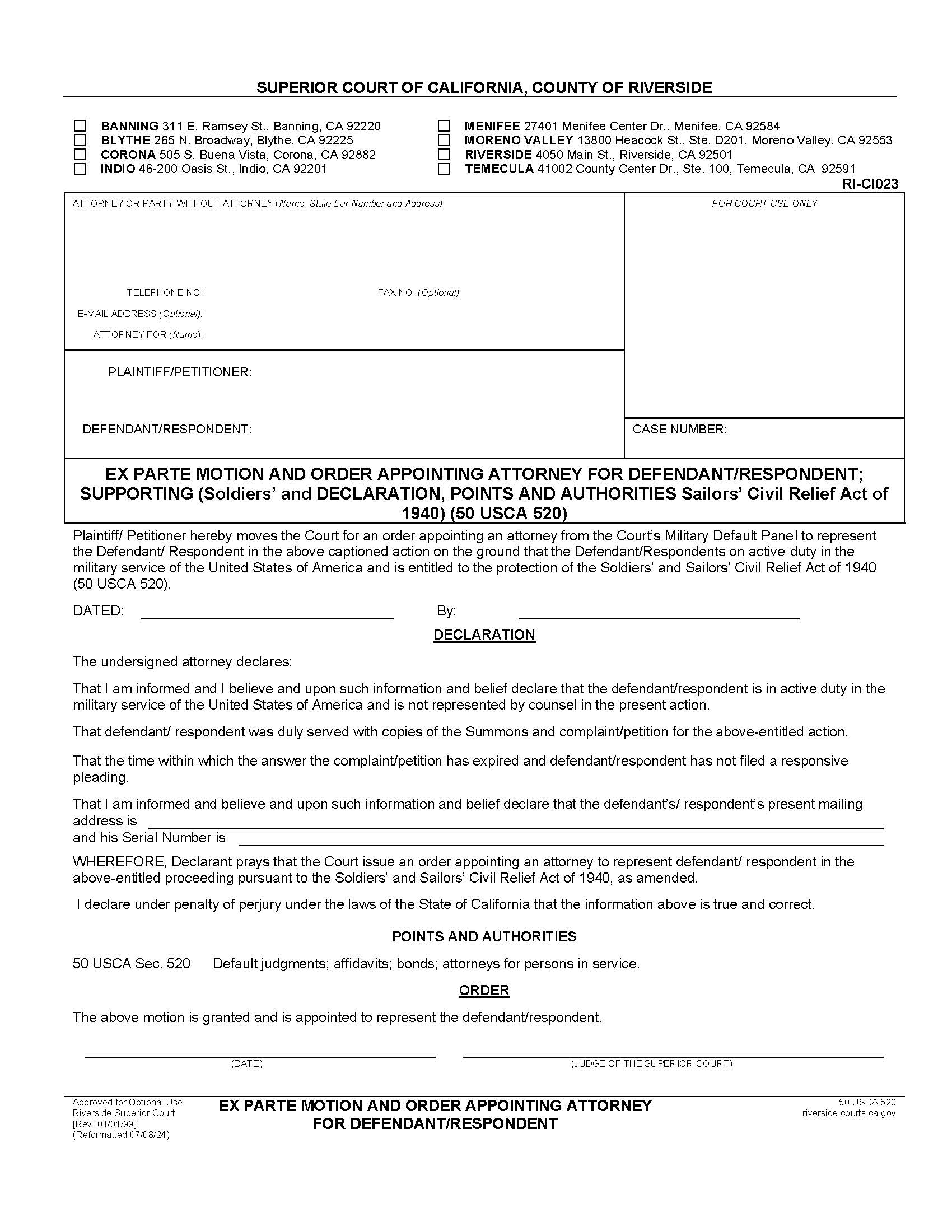 Ex Parte Motion And Order Appointing Attorney For Defendant-Respondent {RI-CI023} | Pdf Fpdf Docx | California