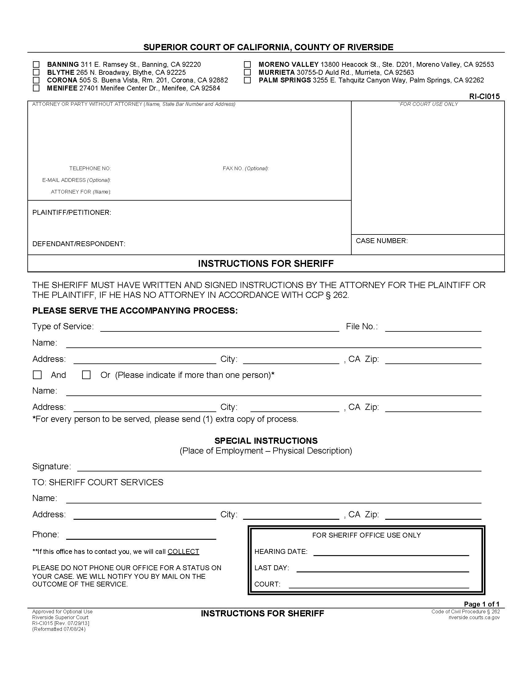 Instructions For Sheriff {RI-CI015} | Pdf Fpdf Docx | California