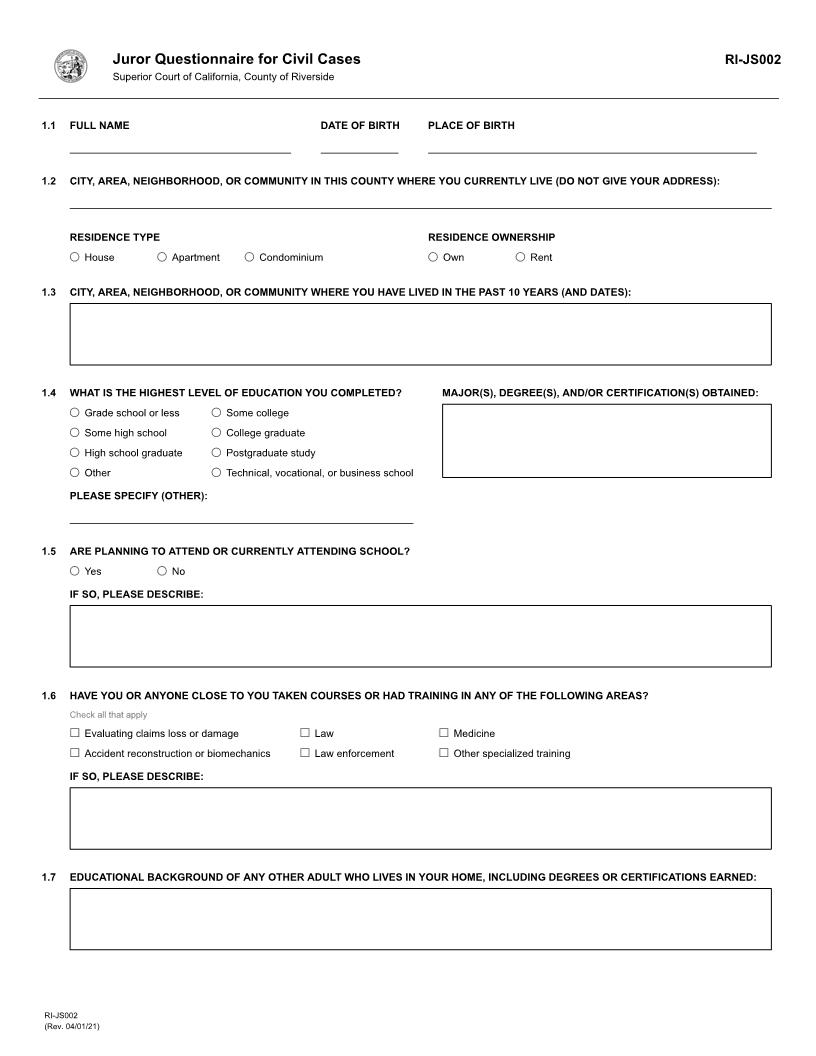 Jury Questionnaire For Civil Cases {RI-JS002} | Pdf Fpdf Docx | California