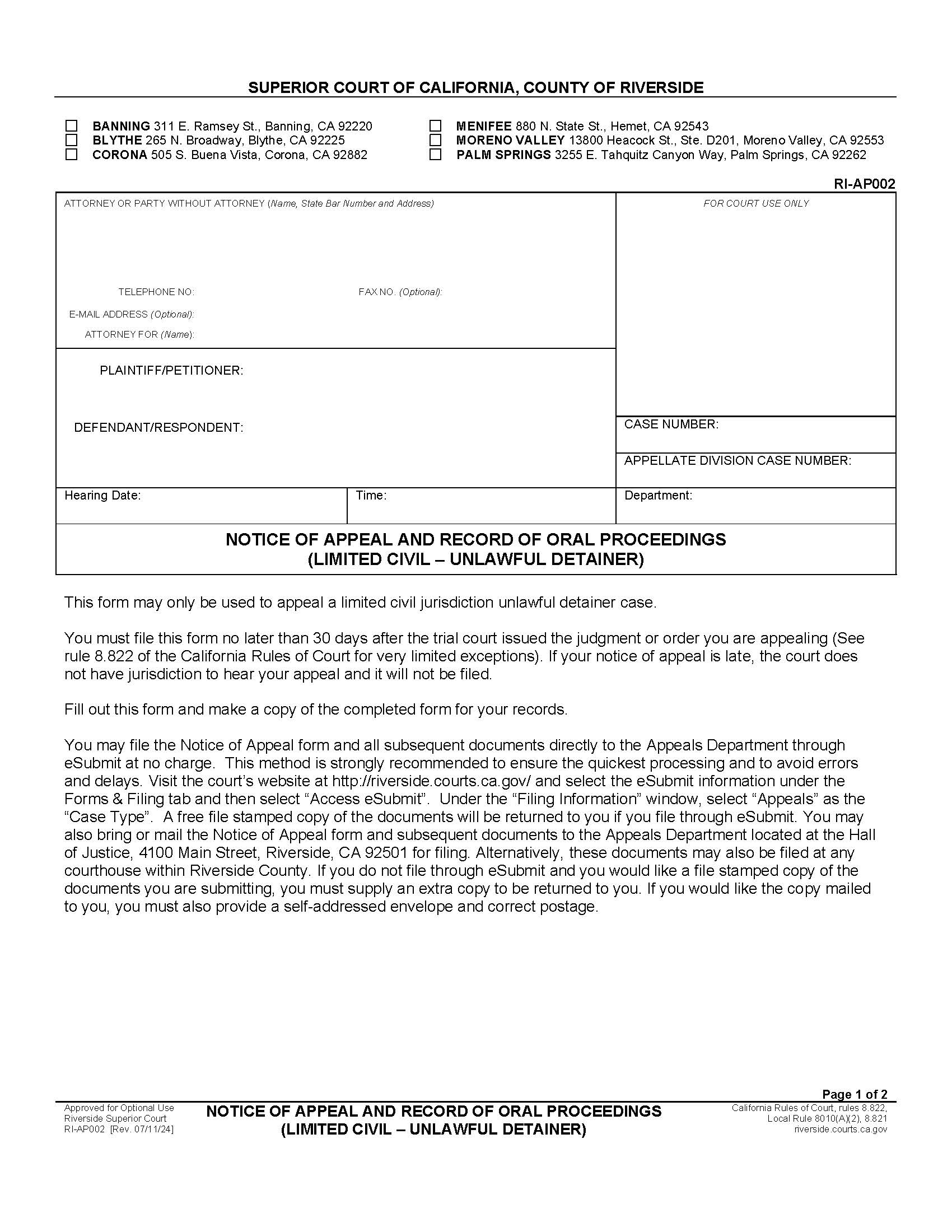Notice Of Appeal And Record Of Oral Proceedings {RI-AP002} | Pdf Fpdf Docx | California