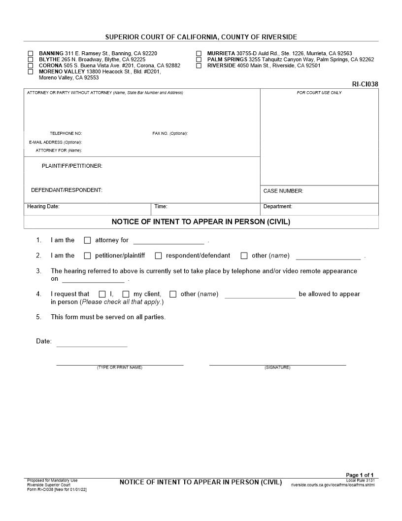 Notice Of Intent To Appear In Person (Civil) {RI-CI038} | Pdf Fpdf Docx | California