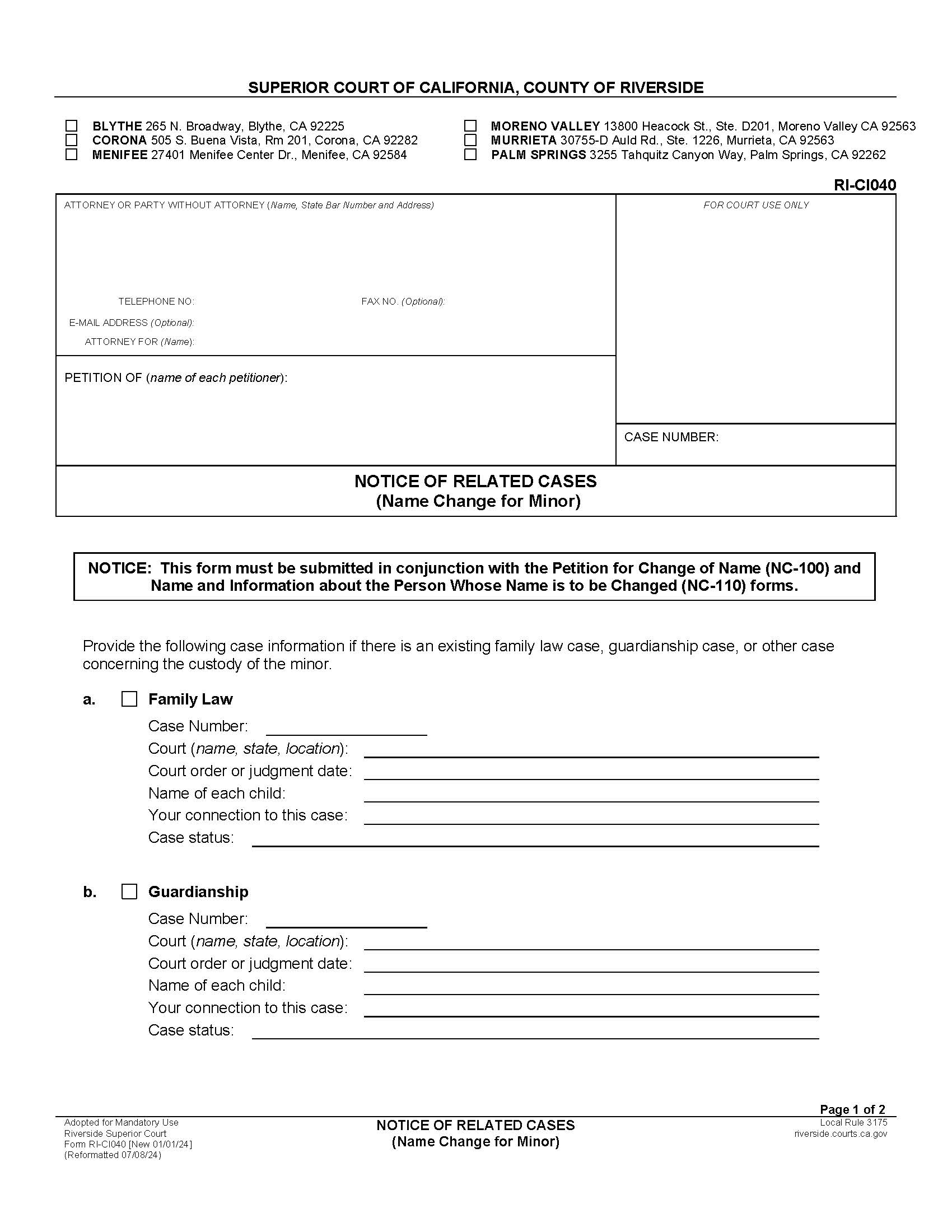 Notice Of Related Cases {RI-CI040} | Pdf Fpdf Docx | California
