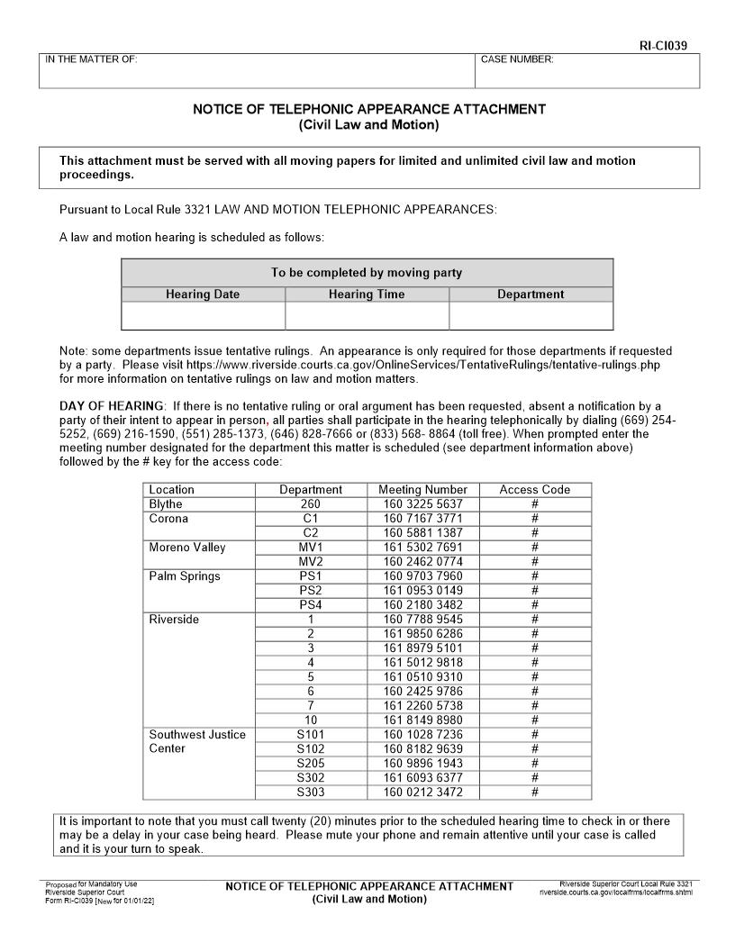 Notice Of Telephonic Appearance Attachment (Civil Law And Motion) {RI-CI039} | Pdf Fpdf Docx | California