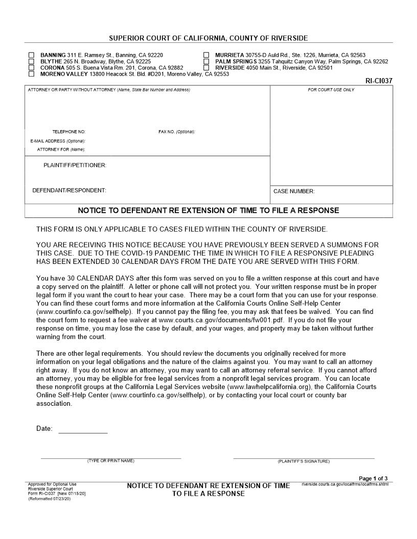 Notice To Defendant Re Extension Of Time To File A Response {RI-CI037} | Pdf Fpdf Docx | California
